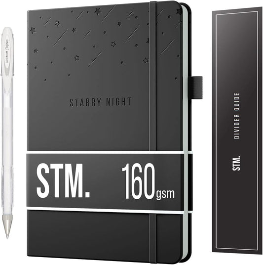 Black Paper Bullet Dotted Journal Notebook | B5 Starry Night by Scribbles That Matter | Free white gel pen | 160gsm Blackout no-bleed dot grid paper | For Men and Women | 7 x 10 in | Black