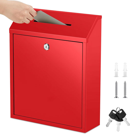 Metal Donation Cash Box Collection Safe Suggestion Box with Lock Wall Mounted Mailbox Delivery Ballot Container for Home Office Outdoor Door(Red,15 x 12 x 4 Inch)