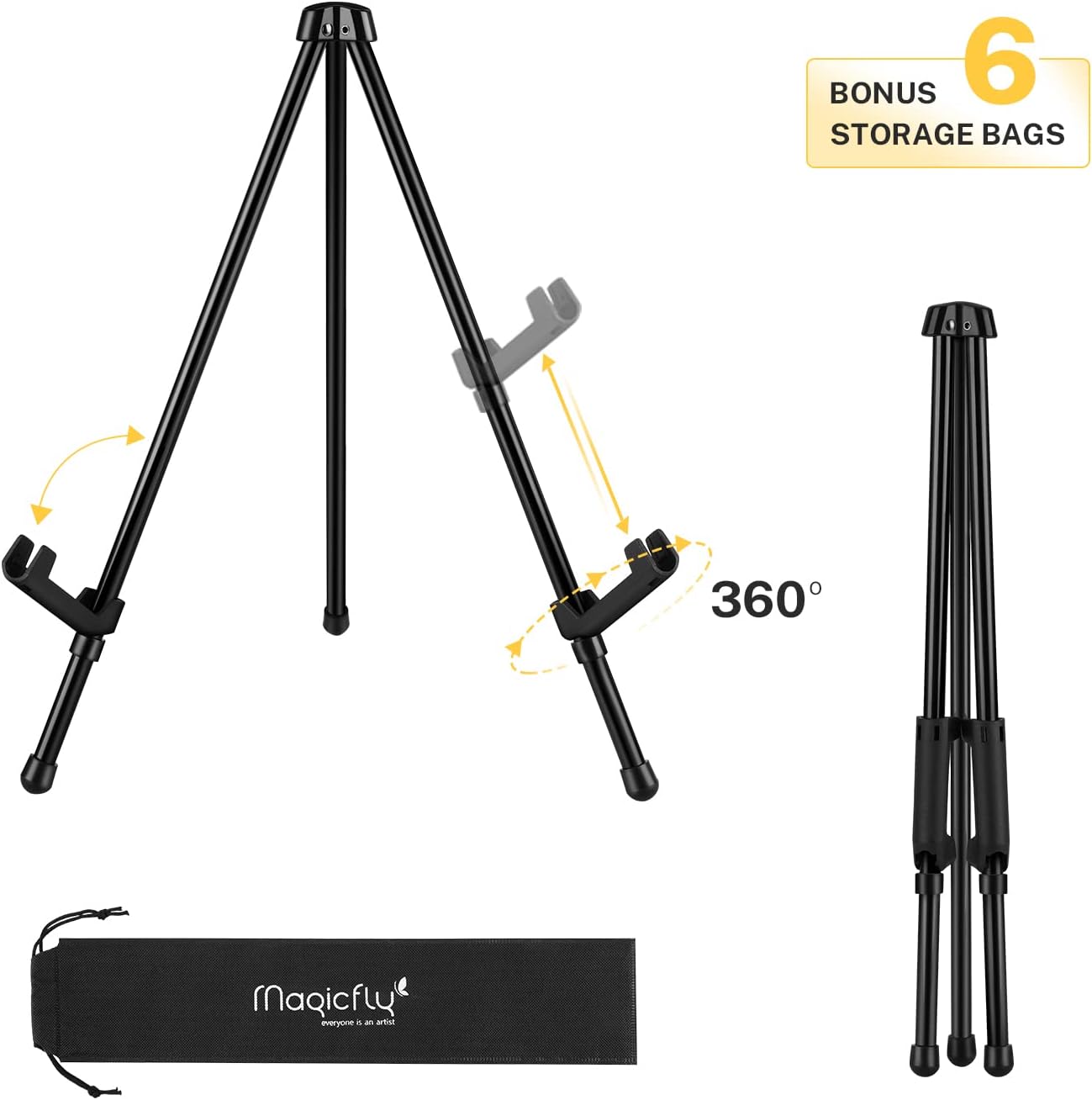 Magicfly 6 Pack Tabletop Easel, Black Steel Table Top Easels for Display, Adjustable & Portable Tripod Easel with 6 Storage Bags, for Signs, Posters, Holds 5 lbs