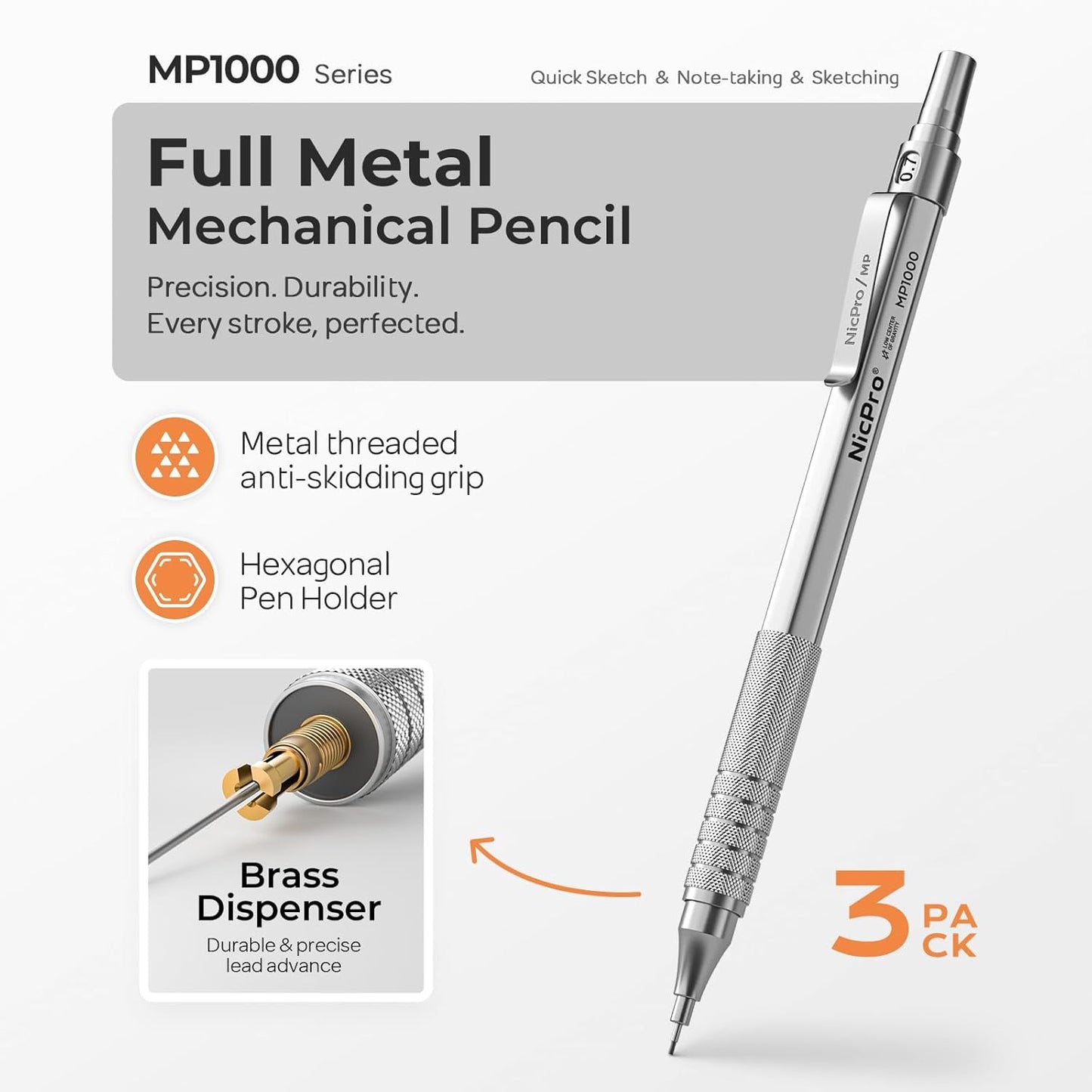 Nicpro 0.7 Metal Mechanical Pencil Set with Case, 3PCS MP1000 0.7mm Artist Lead Pencil With 8 Tube HB Refills, 3 Erasers, 9 Eraser Refill For Architect Art Drafting Drawing Engineering, Sketching
