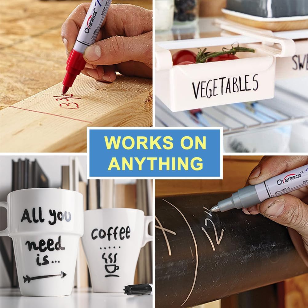 Overseas Permanent Paint Pens White Markers - 2 Pack Single color Oil Based Paint Markers, Medium Tip, Quick Drying and Waterproof Marker Pen for Metal, Rock, Wood, Plastic, Canvas, Rubber, Glass