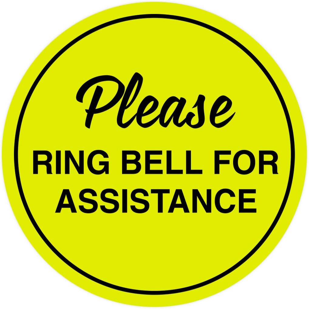 Signs ByLITA Circle Please Ring Bell For Assistance Wall or Door Sign | Easy Installation | Front Desk Reception Sign (Yellow/Black) - Small (10 Pack)