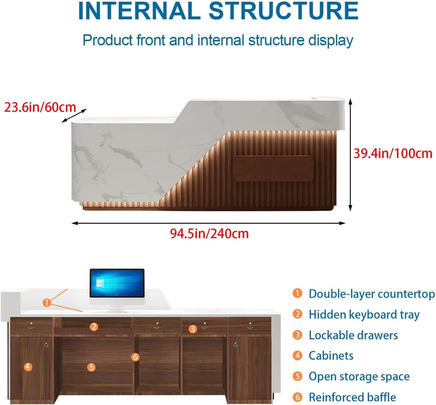 Reception Desk with Counter Modern Front Office Desk Large Reception Room Tables Checkout Counter Reception Table for Retail Lobby Beauty Salons D 94inch/240cm