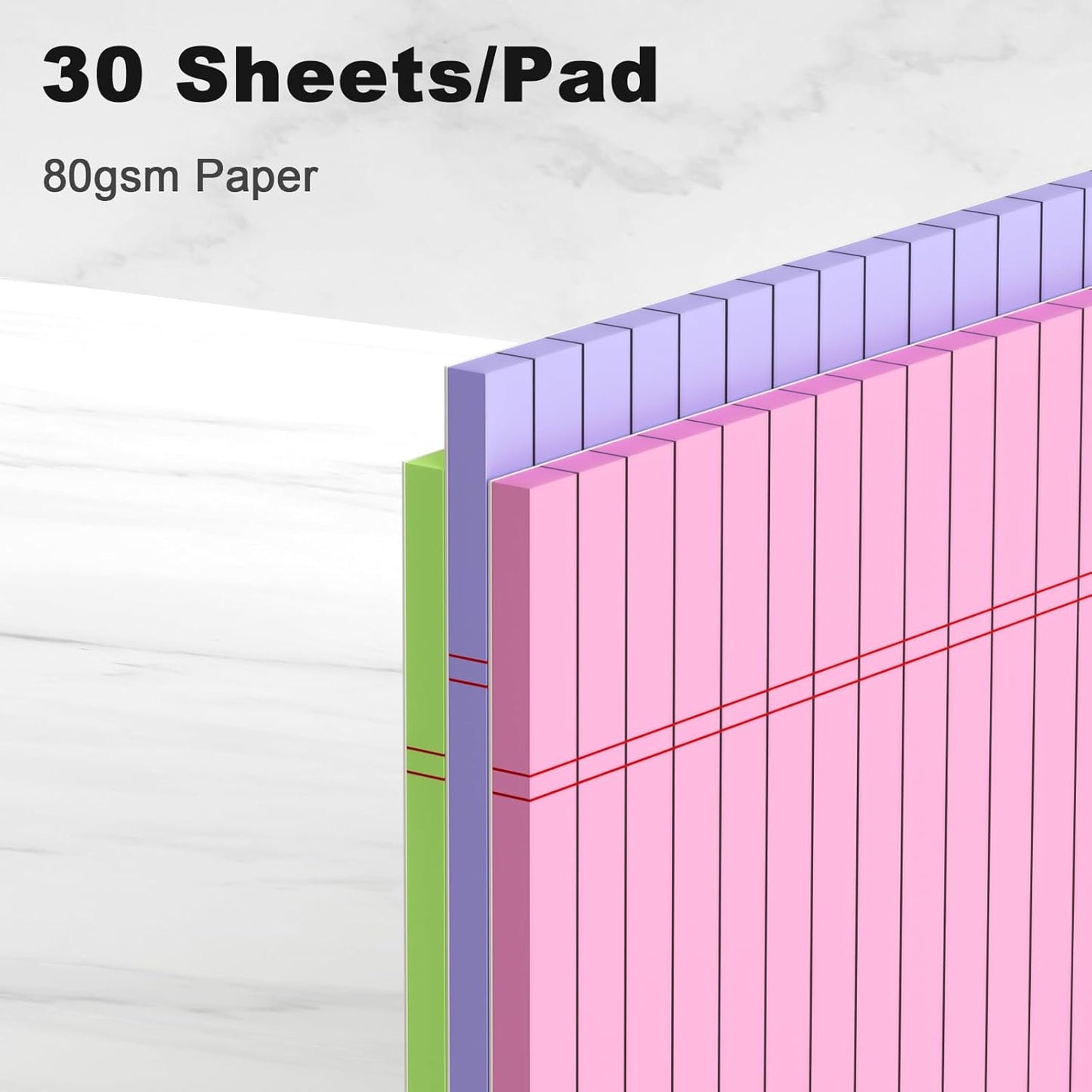 Colored Legal Pads 8.5 x 11 Note Pads 8.5 x 11 inch, Wide Ruled Clear Print Writing Pads 30 Sheets/Pad, 80gsm Colored Paper, Perforated Notepad with Sturdy Back (3 Pads)