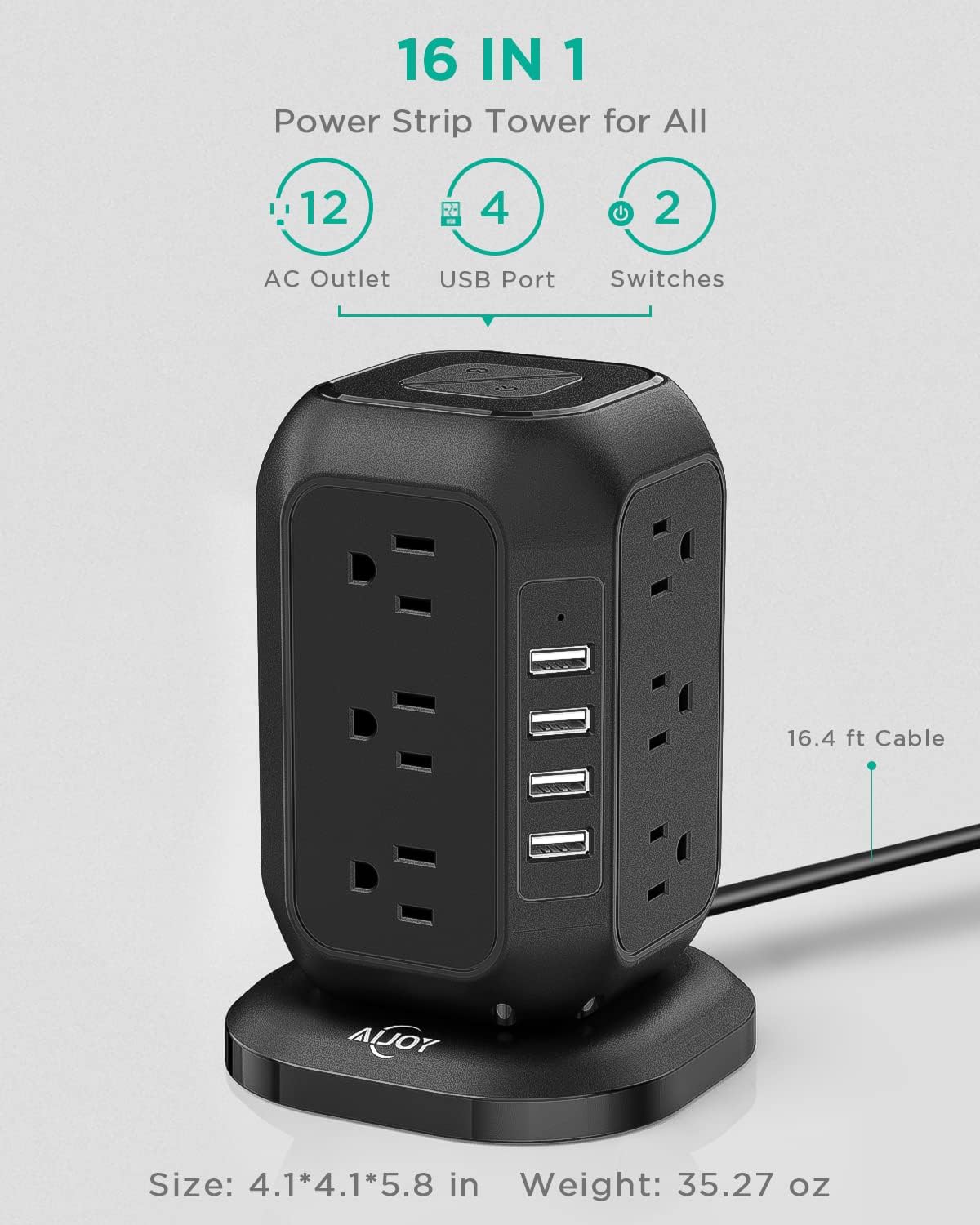 AiJoy Power Strip Tower 16.4 ft Cord, Surge Protector with 12 AC Outlet and 4 USB Ports, Charging Station Extension Cord with Multiple Outlets for Home, Office, Dorm Room Essentials