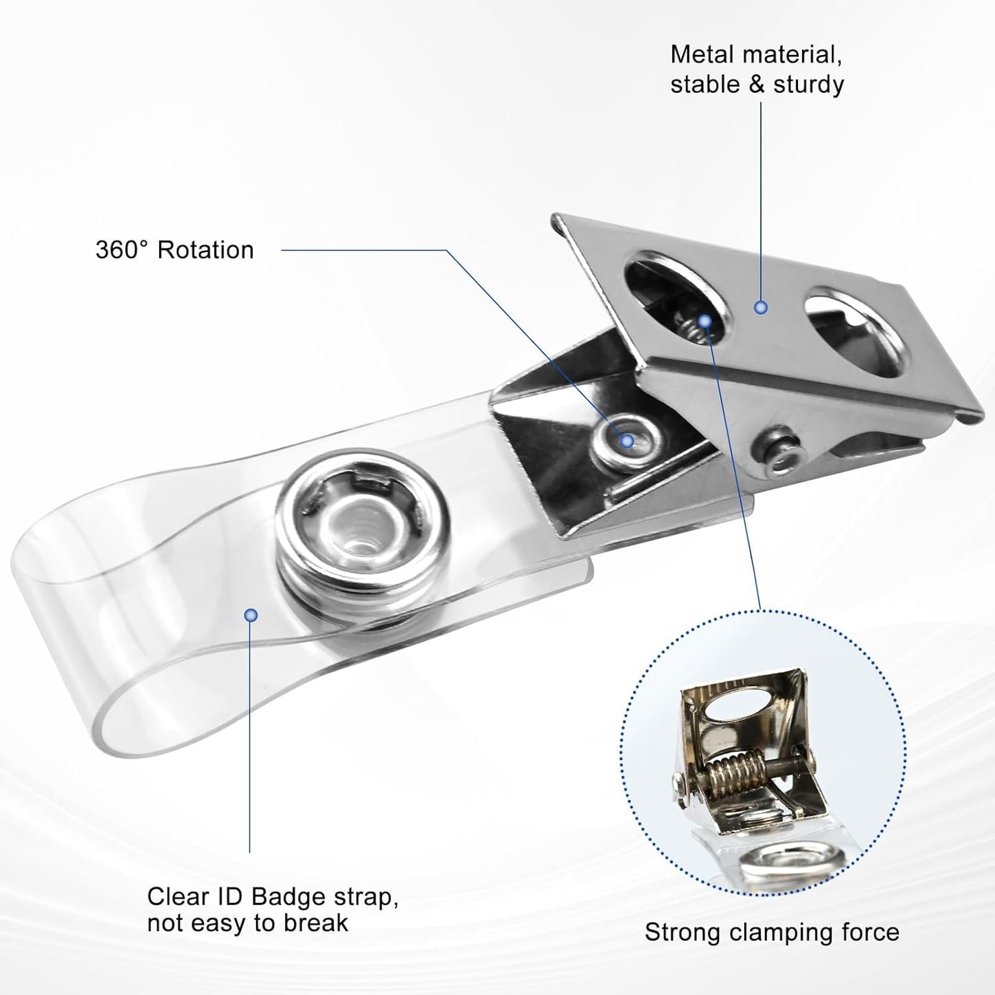 50Pcs Premium Metal Badge Clips with Clear PVC Straps for ID Cards, Badge Holders, Name Tags, Work Badges