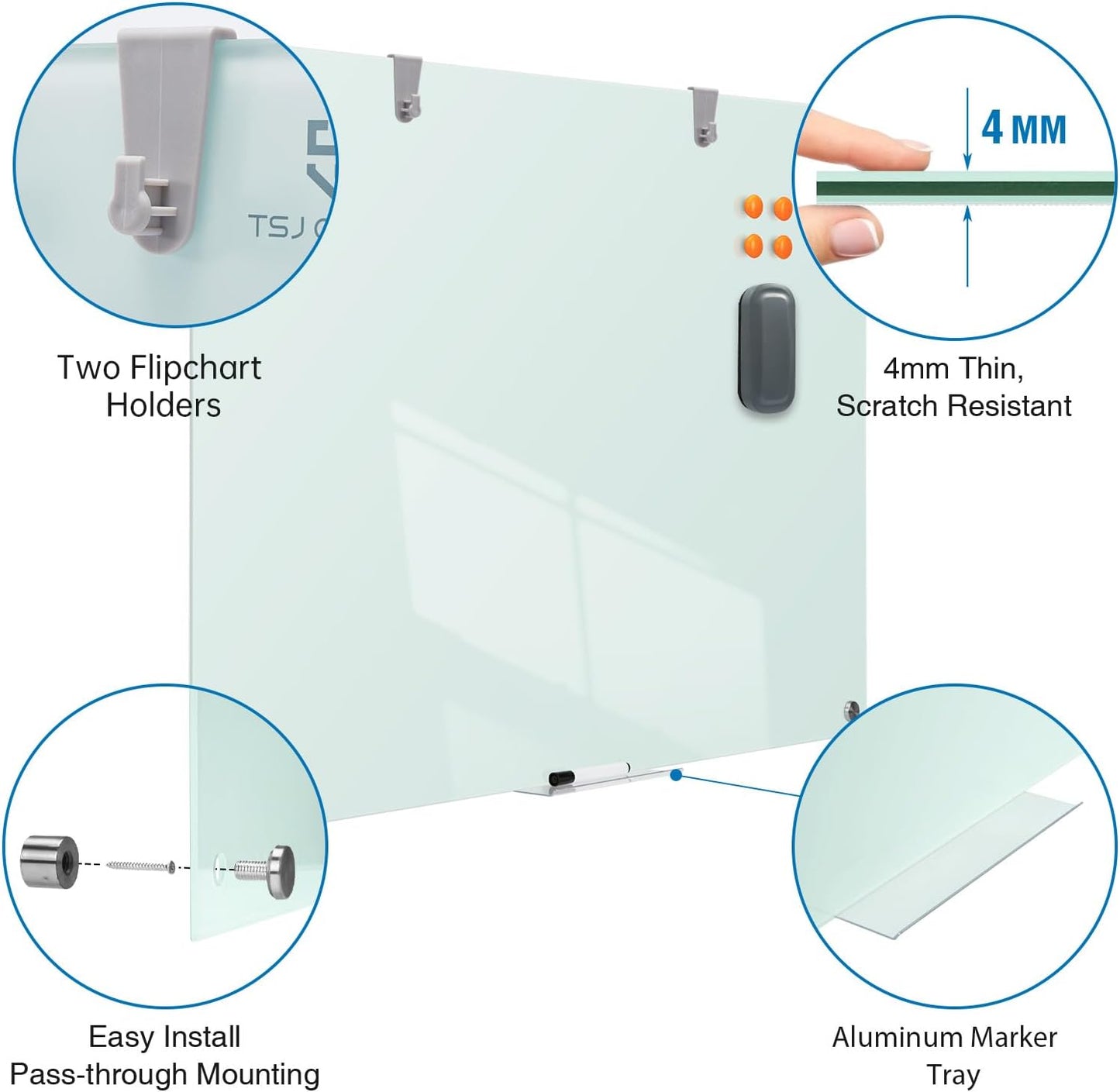 TSJ OFFICE Glass Dry-Erase Board - 36 x 24 Inches Wall Mounted Whiteboard with Magnetism, Large Frameless Glass White Board for Office, Home & School