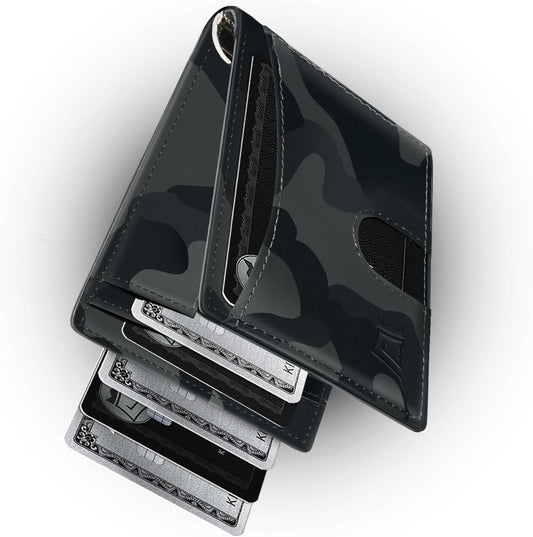 Kings Loot Money Clip Slim Minimalist Wallet for Men – RFID Blocking Leather Design with Money Clip – Front Pocket Bifold Holds 12 Cards – Stylish & Compact Wallets (Camo Black)