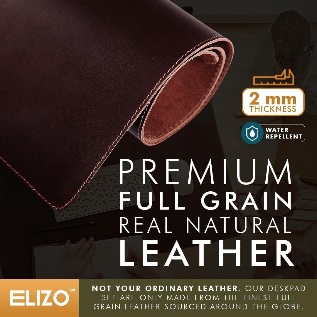 Leather Desk Pad (Real) Leather Desk Mat Set (31x15) Large Desk Cover Desk Blotter Desk Protector Computer Mat for Keyboard Gaming Mouse Pad Table Laptop Office Desktop Accessories 2mm Elizo