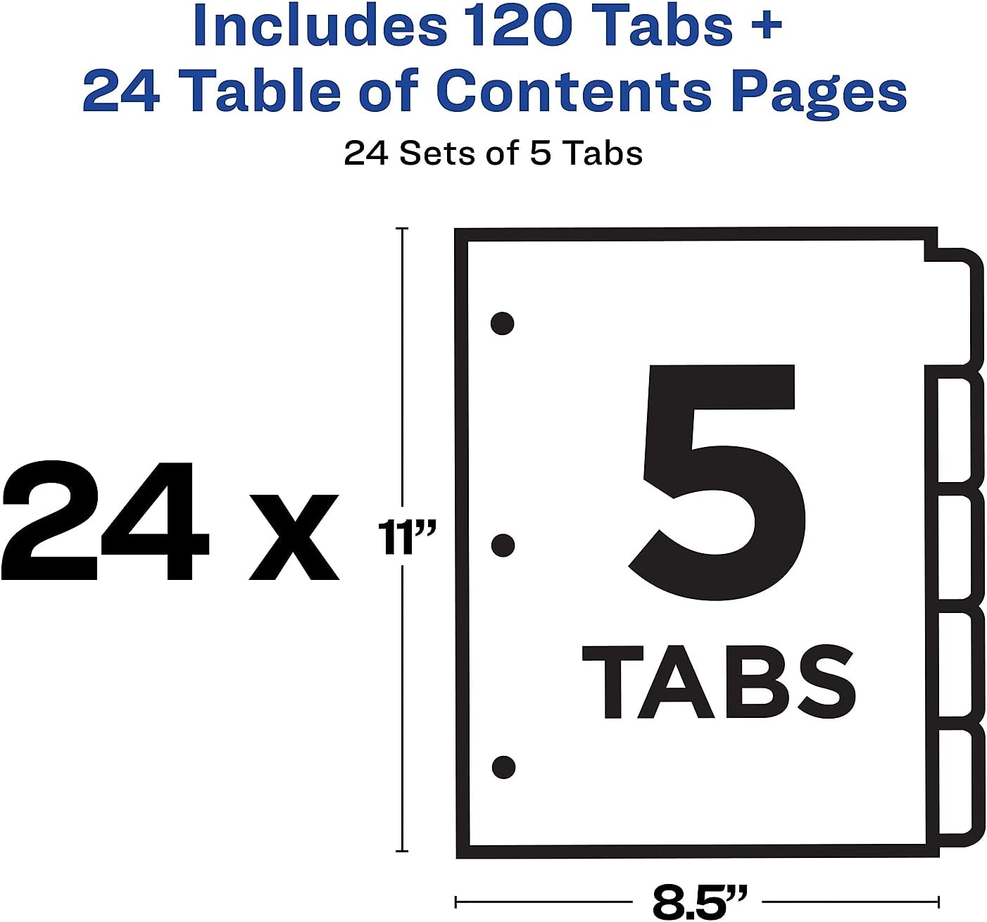Avery 5 Tab Dividers for 3 Ring Binders, Customizable Table of Contents, Multicolor Tabs, 24 Sets (11167)