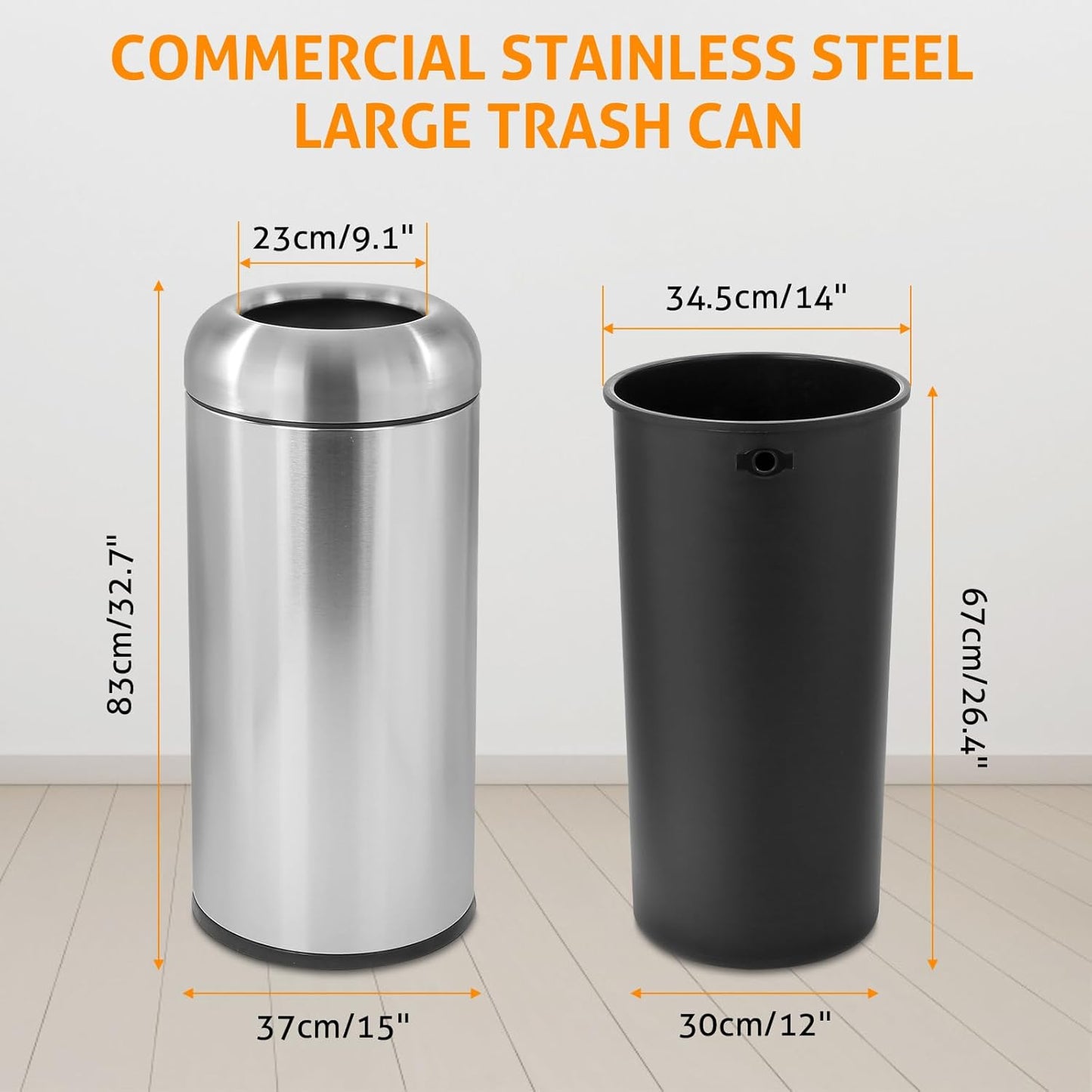 WICHEMI 16 Gallon Commercial Large Trash Can, Bullet Outdoor Trash Bin with Open Top Lid, Brushed Stainless Steel Garbage Can, Silver