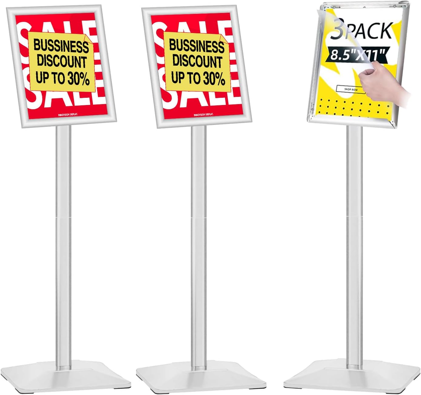 3Packs Heavy Duty Adjustable Pedestal Poster Sign Stand, 8.5x11 Aluminum Open Floor Standing Sign Holder for Vertical and Horizontal View Display (8.5x11,Silver)