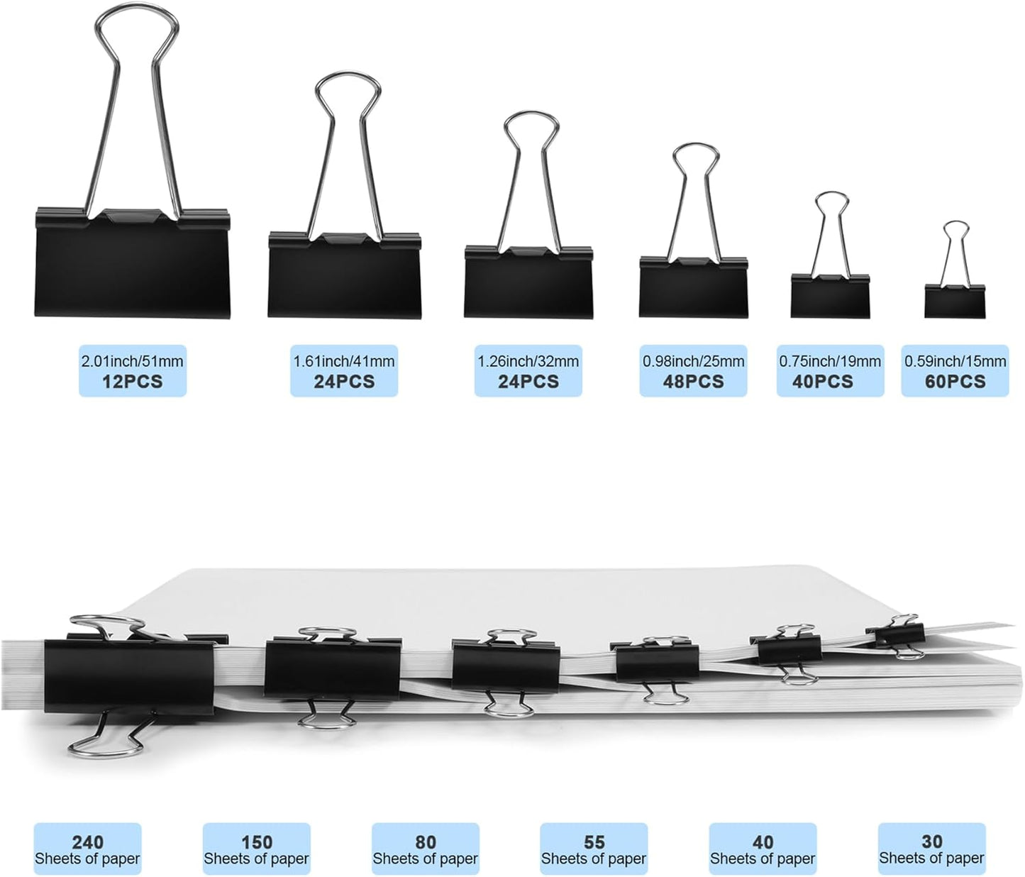 Binder Clips Assorted Sizes Including Extra Large Medium Small Mini and Micro, Office Supplies File Clamps Paper Clips, 6 Sizes in 6 Boxes, 208 PCS Metal Black Clamps for School
