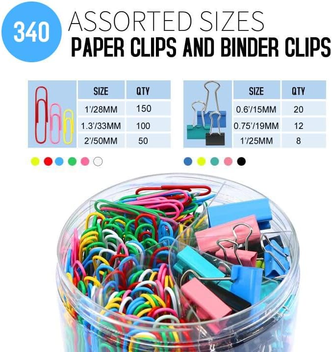 Paper Clips Binder Clips, 340PCS Paper Clips and Binder Clips Assorted Sizes, Colored Paperclips Large Medium and Small, Binder Clip and Paperclips Set for Home School Office Supplies