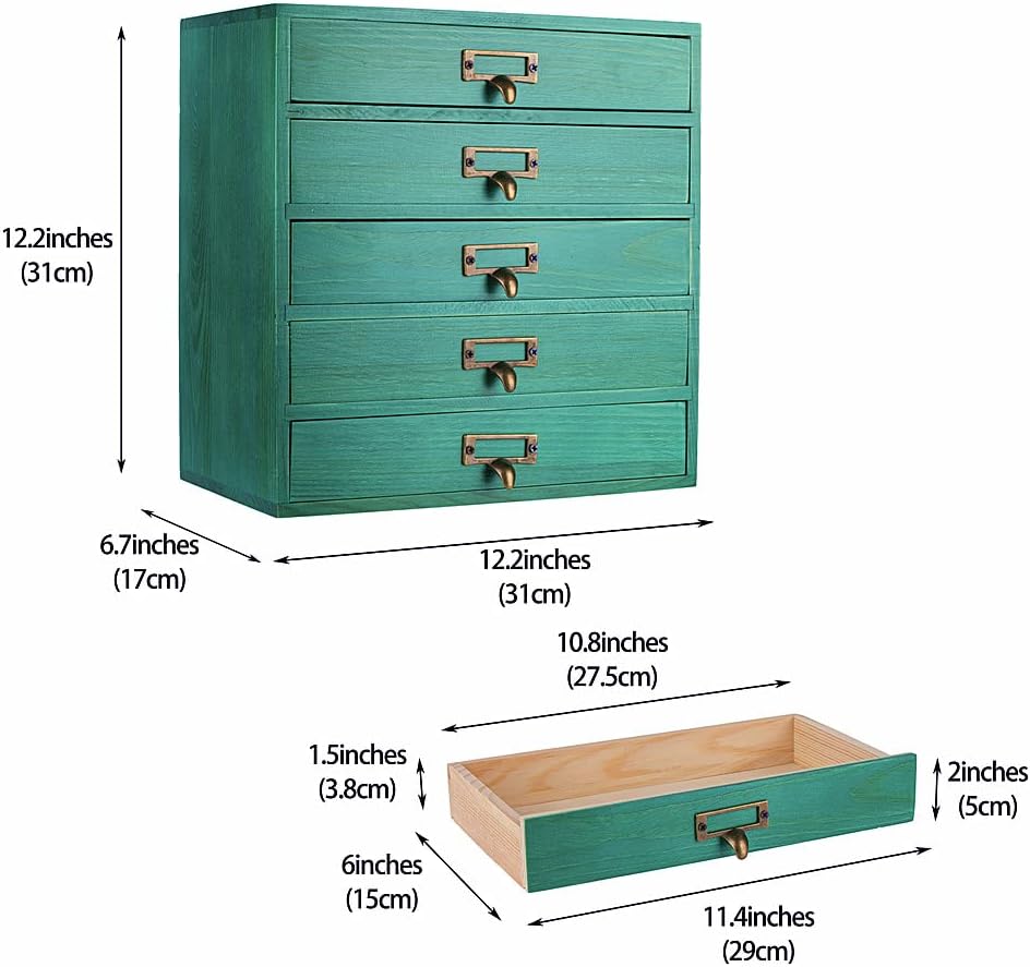 Desktop Organizer with Drawers - Card Catalog Cabinet, Small Wooden Drawers, Vintage Wooden Box, Rustic Desk Organizer and Accessories (S-GREEN)