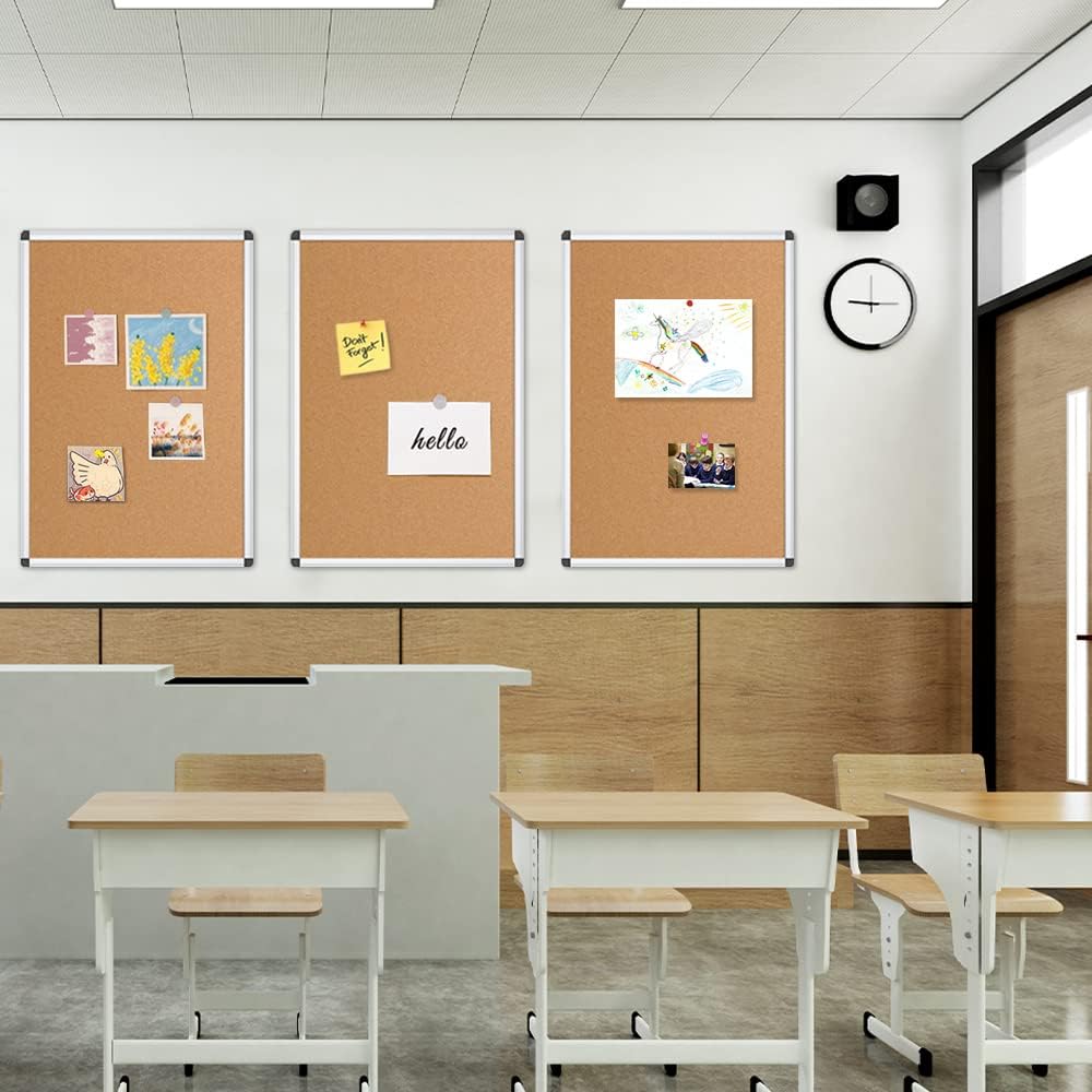 VIZ-PRO Cork Notice Board, 48 X 24 Inches, 3 Pack, Silver Aluminium Frame