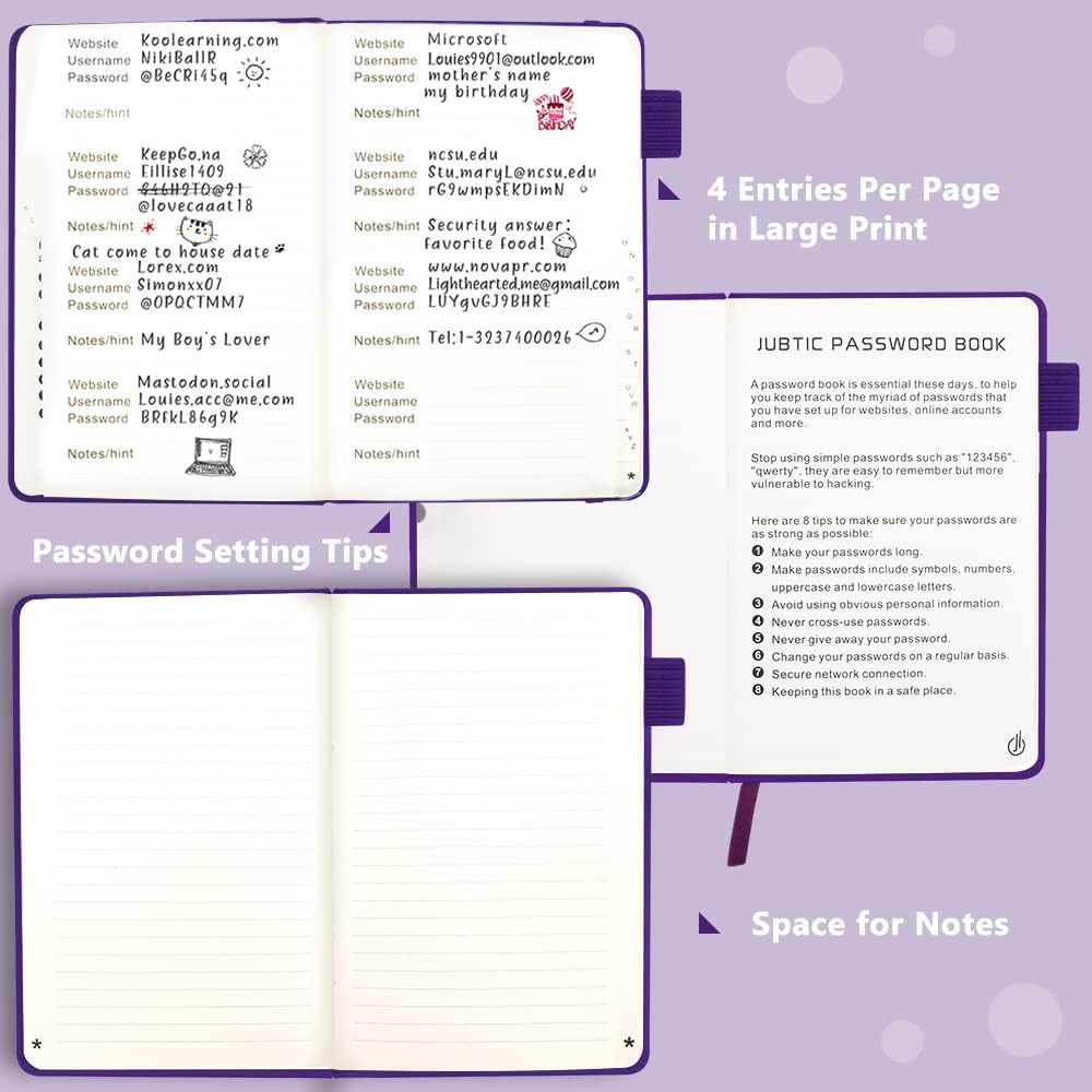 JUBTIC Password Book with Alphabetical Tabs. Medium Size Password Keeper Logbook for Internet Log in, Website Address. Hardcover Password Journal Notebook & Organizer for Home Office, Violet Purple