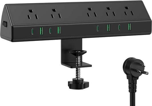 45W Fast Charging Station,Desk Clamp Power Strip,4 PD USB-C Ports,5 AC Outlets,Surge Protector Power Strip, 14AWG Heavy Duty Cord, Fits 1.9" Tabletop Edge (Black, 10 FT Cable)