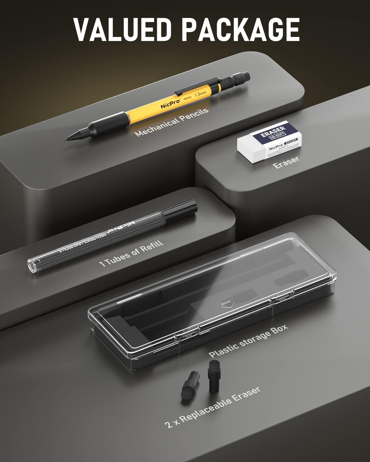 Nicpro 1.3 mm Mechanical Pencil Set with 12 Lead Refill, Eraser - Weatherproof Metal MP2000 Heavy Duty Carpenter Pencil for Outdoor Marking Drafting Drawing Sketching Woodworking - with Case