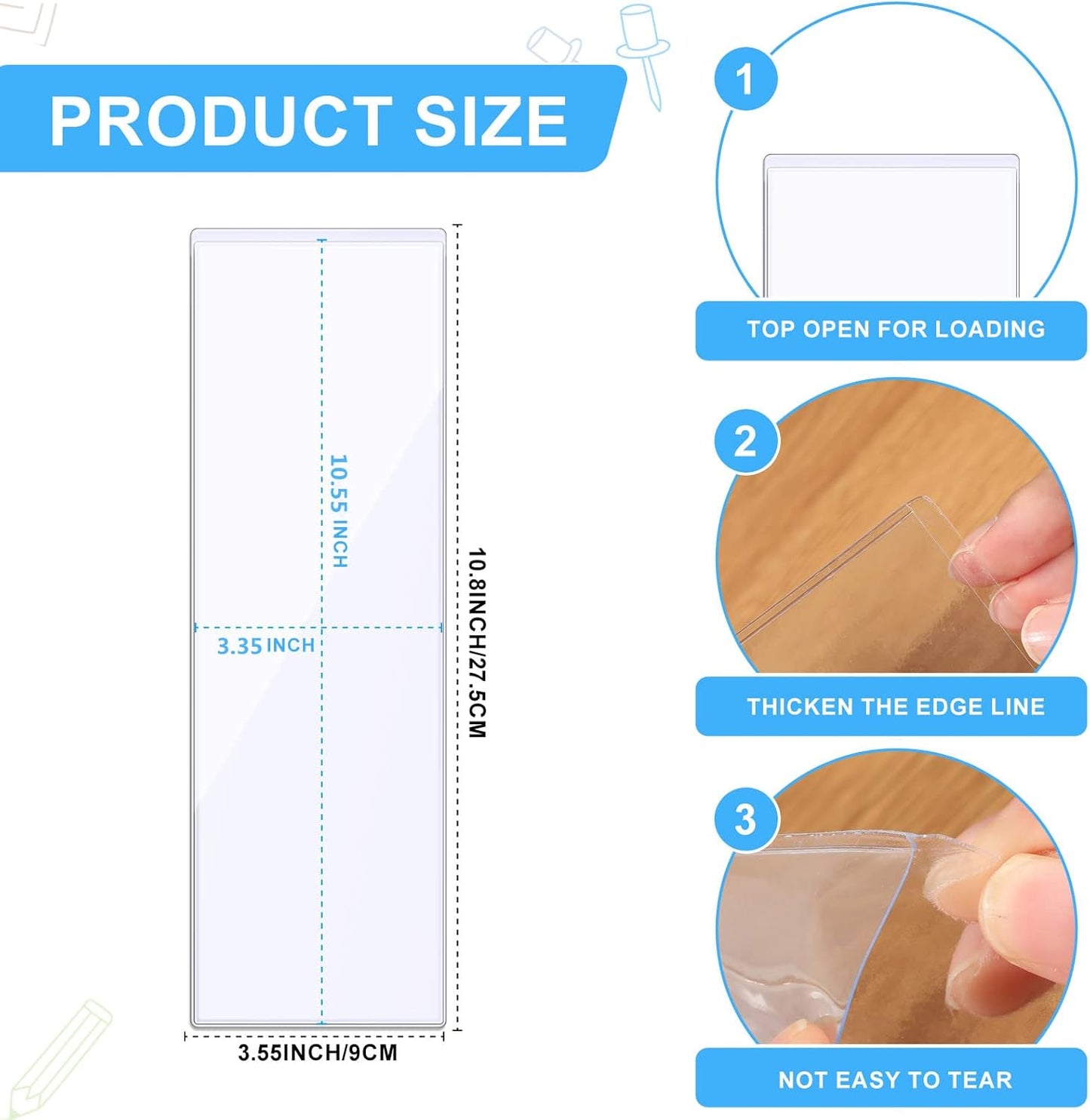 Outus 100 Pcs Clear Self Adhesive Pockets - Bin Labels for Storage Bins, Pocket Label Sleeves, Plastic Index Card Holder with Top Open for Organizing Bins Box Drawer(3.55 x 10.8 Inch)