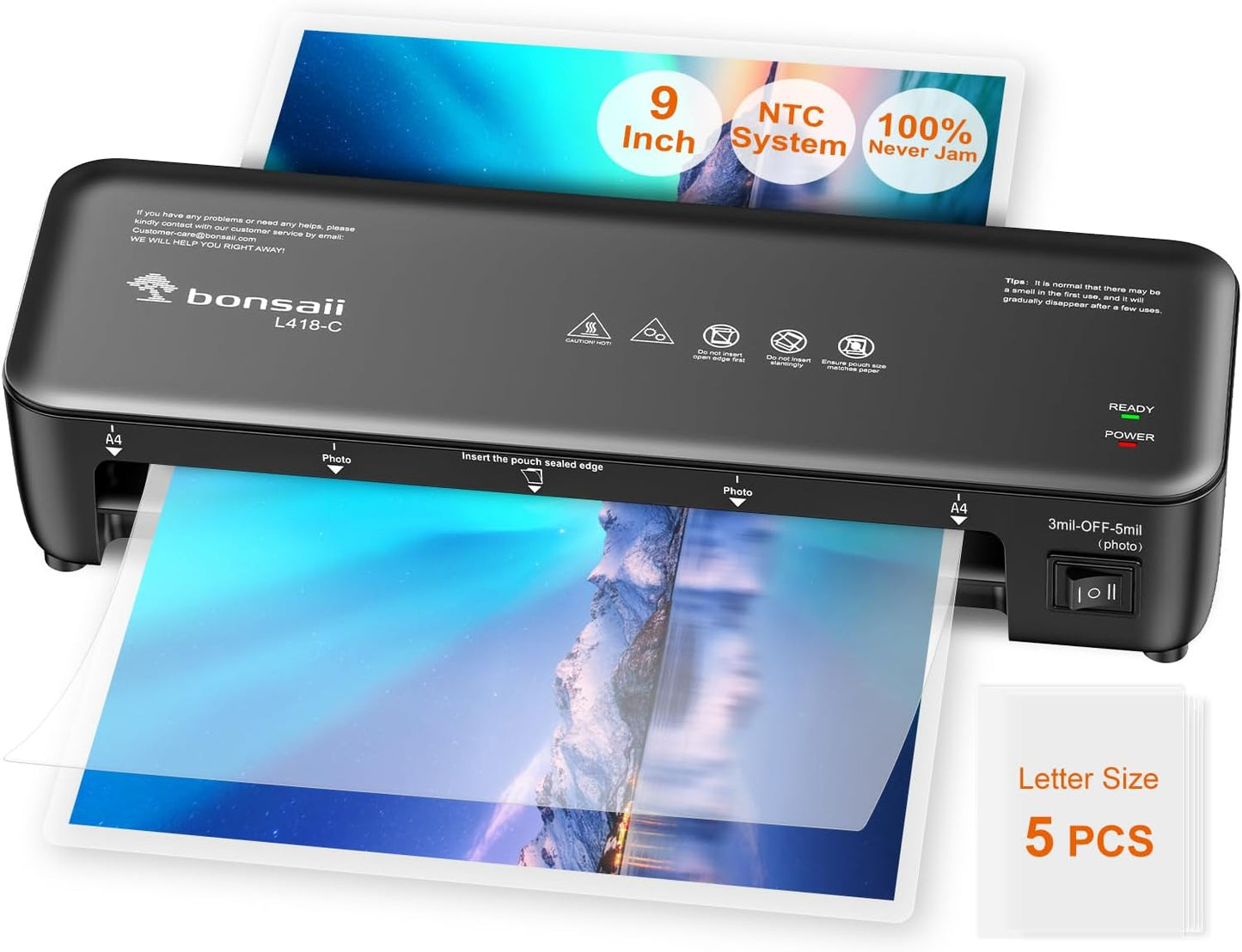 Bonsaii Laminator, 9 Inch Thermal Laminator Machine with Never Jam Technology for Doc/Posters/Photo, Personal Laminating Machine Simple Convenient for Home, Office and School Black