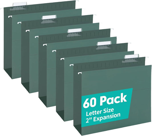 HERKKA Extra Capacity Hanging File Folders, 60 Pack Reinforced Letter Size Hanging Folders with Heavy Duty 2 Inch Expansion, Designed for Bulky Files, Medical Charts, Green