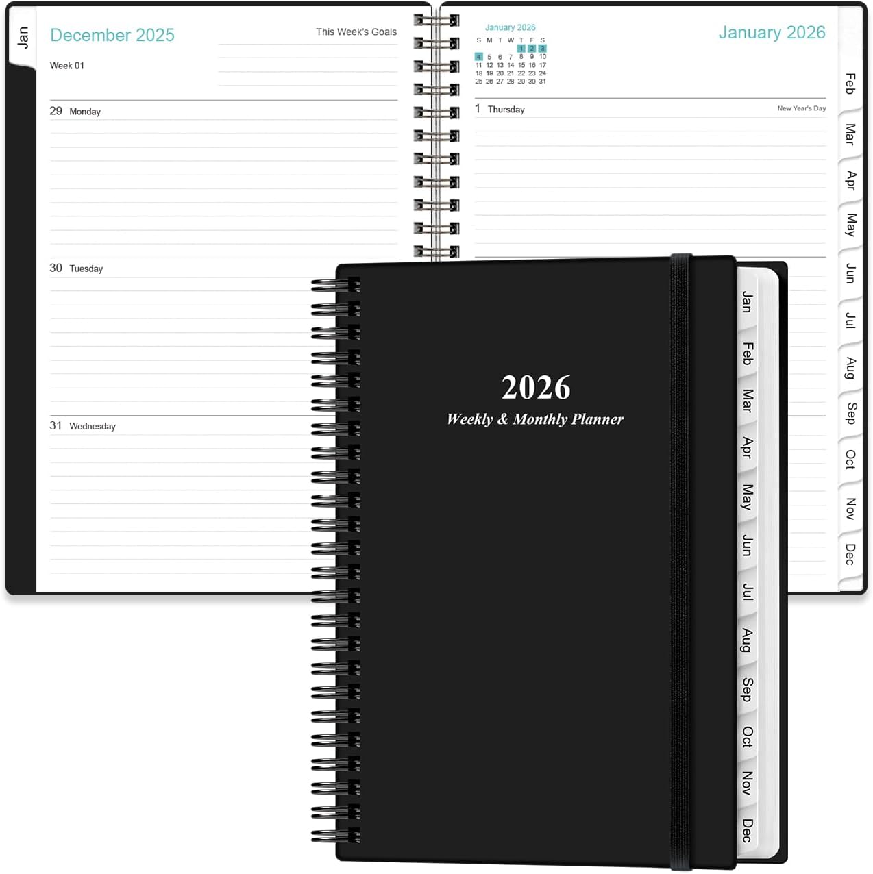 Planner 2026 - A5 Weekly & Monthly Planner Spiral Bound, January 2026 - December 2026, with Flexible Cover, Tabs, Inner Pocket, 6.4" x 8.5", Black
