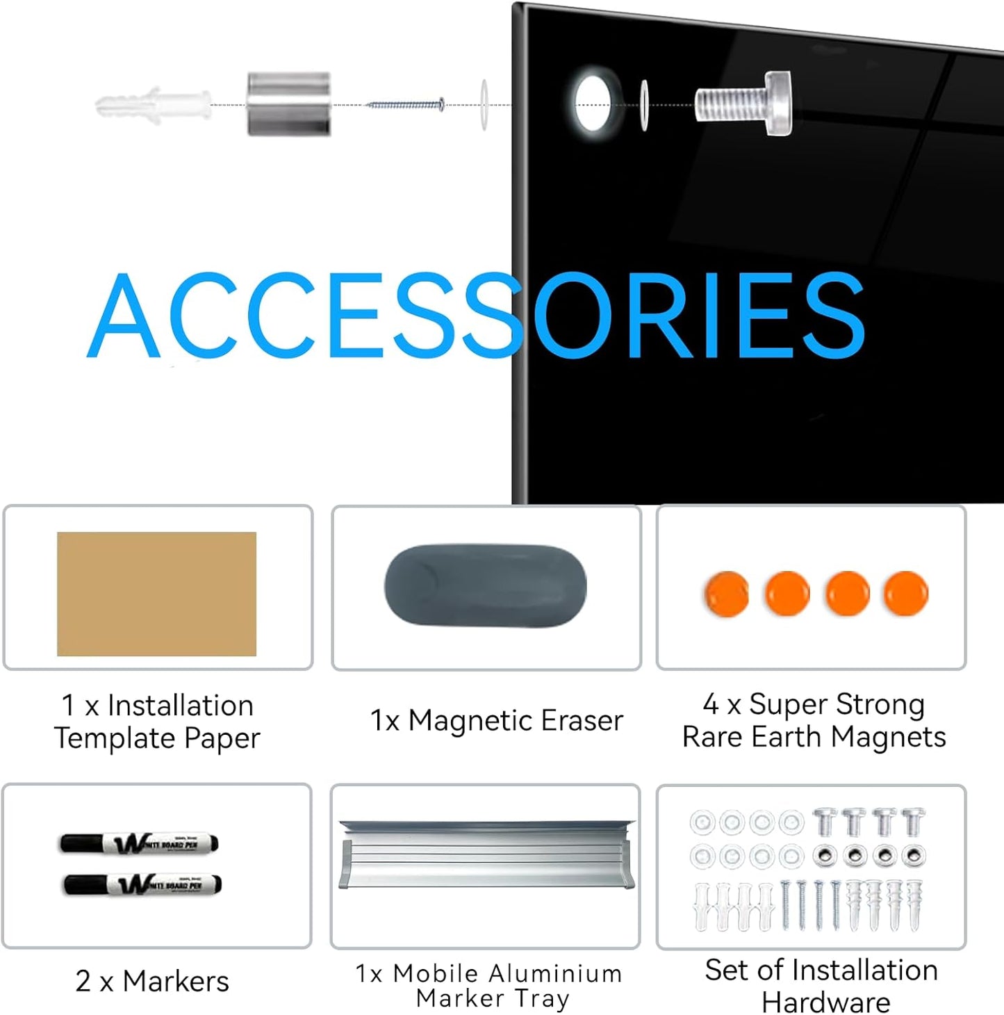 Glass Dry Erase Black Board - Magnetic Blackboard 48"X36" Frameless Whiteboard Clear Glass Boards with Super Strong Magnets, Wall Mounted for Office, Classroom and Home