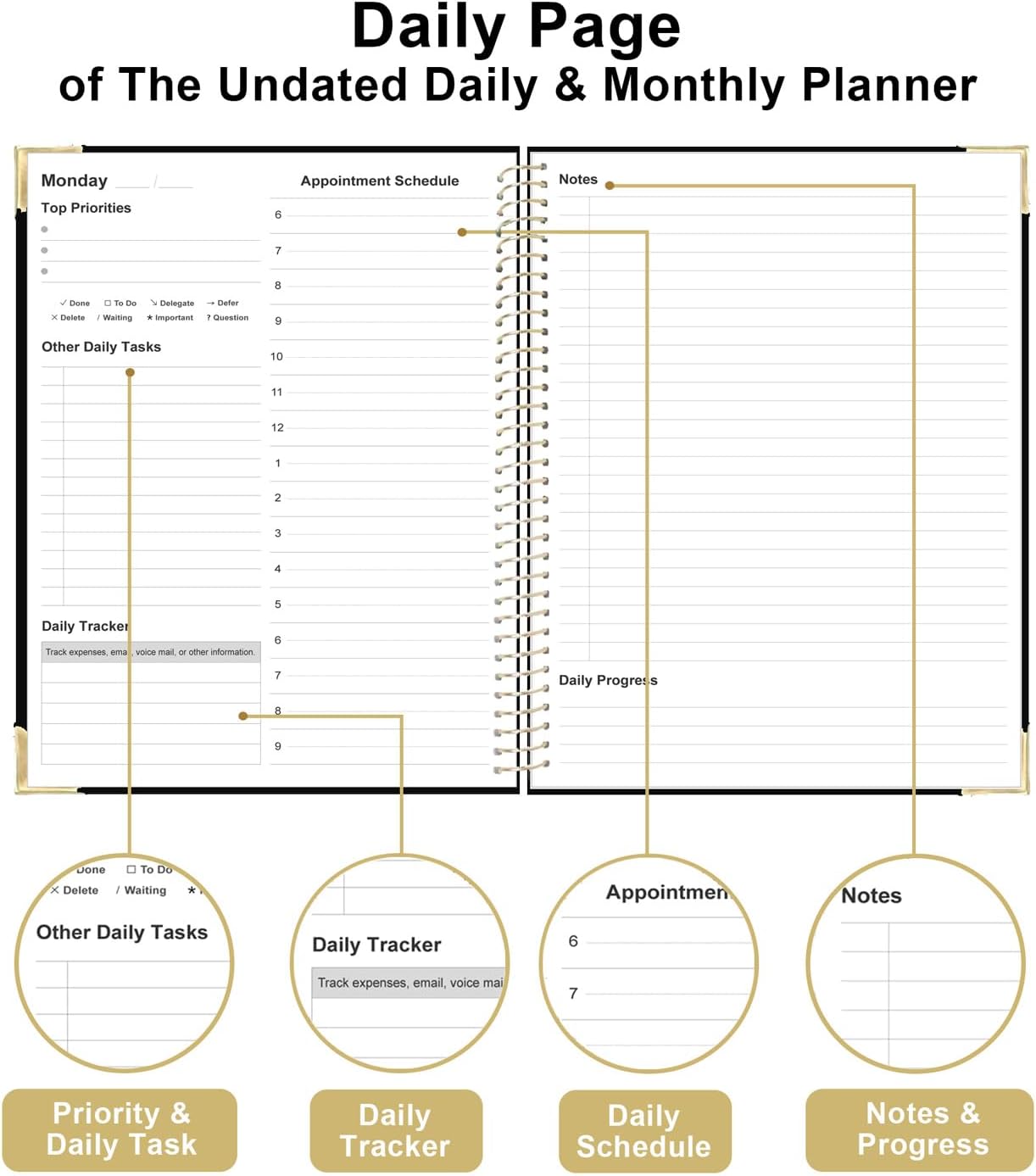 Undated Daily Monthly Planner for 2025 2026 - A4 To Do List with Hourly Schedule, Hardcover Spiral Bound Daily Planner to Increase Focus, Stylish School/Office Supplies, 8.5" x 11", Black