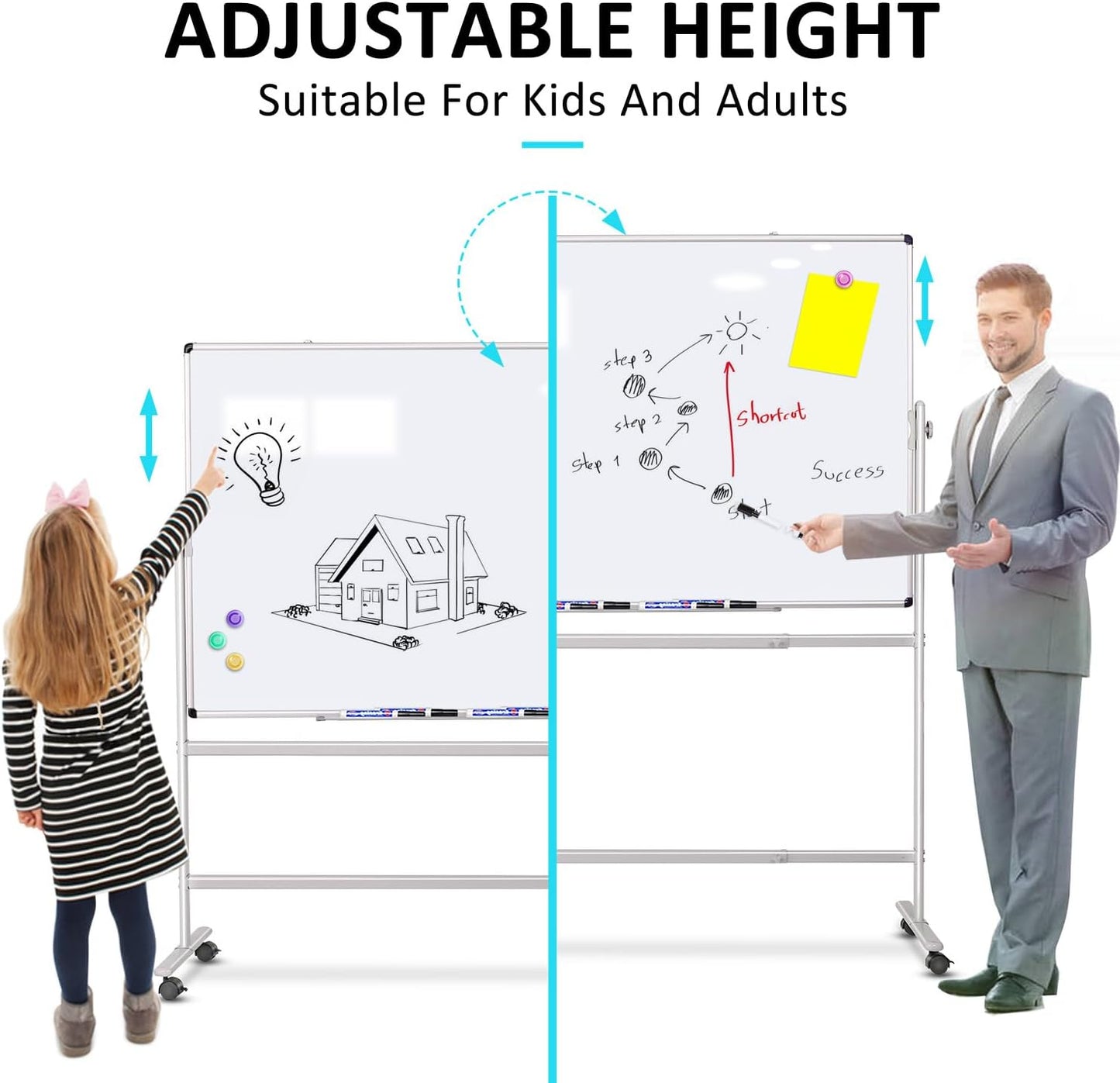 Large Rolling White Board 48x36 in, Dry Erase Board with Stand, Double-Sided Magnetic Mobile Whiteboard, Height-Adjustable for Office Classroom and Home