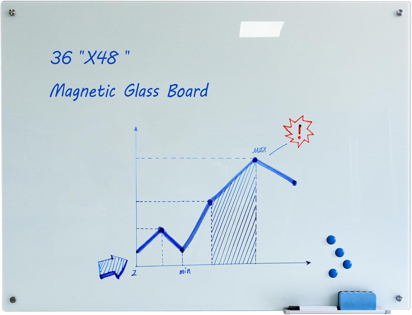 Magnetic Glass Whiteoard with Eraser 48" x 36" Frameless Tempered Glass Dry Erase Whiteboard with Marker Tray for Interactive Office, Wall Mounted Whiteboard (White)