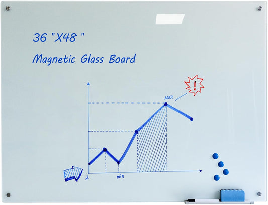 Magnetic Glass Whiteoard with Eraser 48" x 36" Frameless Tempered Glass Dry Erase Whiteboard with Marker Tray for Interactive Office, Wall Mounted Whiteboard (White)