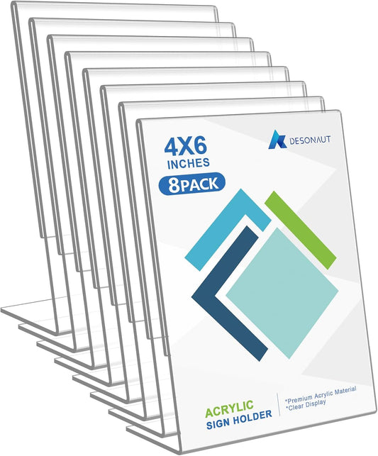 8Pack Slanted Back Acrylic Sign Holder 4 x 6Inches，Clear Plastic Sign Holder Paper Photo Display，Menu Table Top Desktop Stand，Clear Picture Frame，Flyer Holder(Vertical)