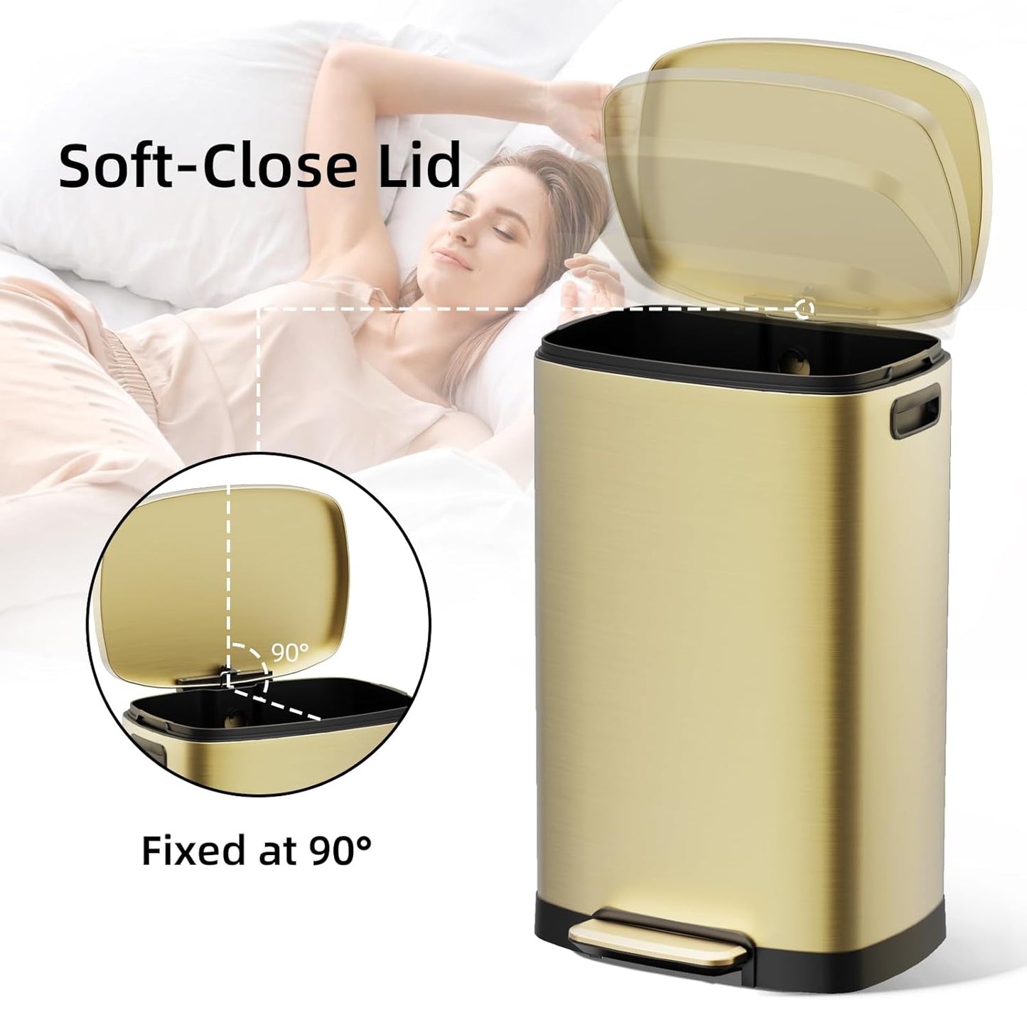 KUK 13 Gallon/50L Stainless Steel Kitchen Trash Can with Lid and Step Pedal-Large Capacity Garbage Bin with Odor Seal, Silent Close Lid, Removable Inner Bucket, Titanium Gold