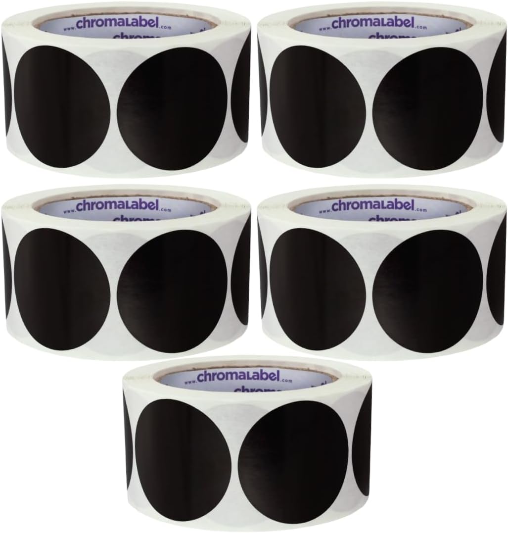 ChromaLabel 2 Inch Circle Sticker Labels, Easy to Write On Round Colored Stickers, Permanent Adhesive Labels - 500 Sticky Dots per Roll, Black Dot Stickers - Case of 5