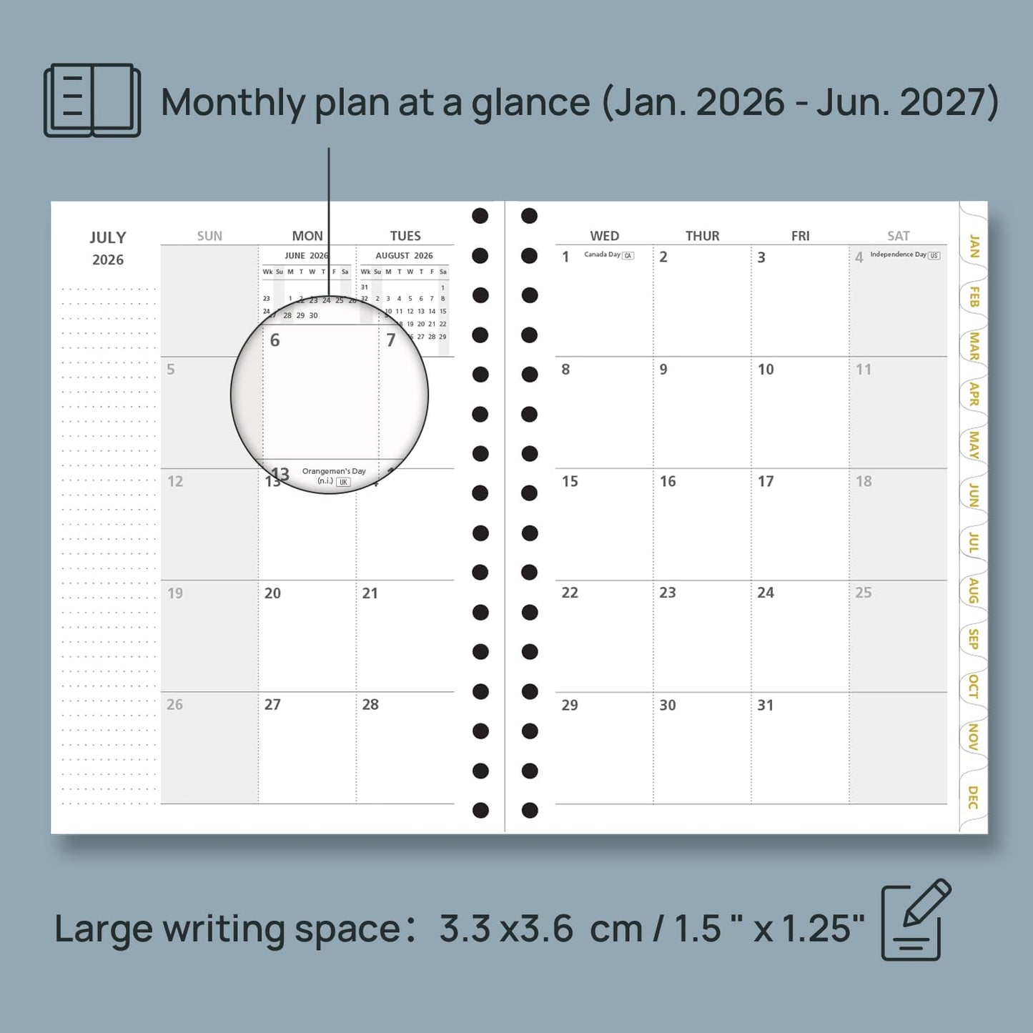 POPRUN Monthly Planner 2026-2027 Spiral Hardcover (6.25'' x 8.5''), 18 Months Calendar (Jan.2026-Jun.2027) - 2 Pages per Month with Dotted Note Pages, Sunday Start, Laminated Tab - Haze Blue