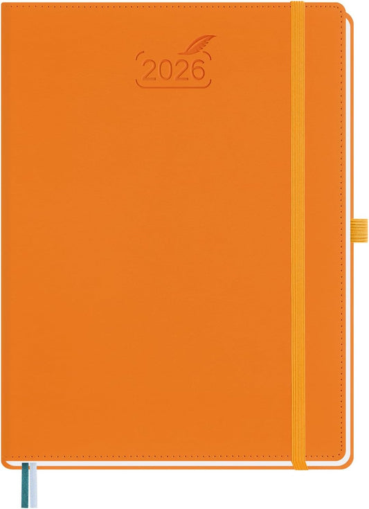 BEZEND 2026 Planner Weekly and Monthly (8.5" x 11") Daily Calendar with Half-Hourly Timeslots & Tab (Jan-Dec) Note & Expenses, Pen Holder, Inner Pocket, Vegan Leather Hardcover - Orange