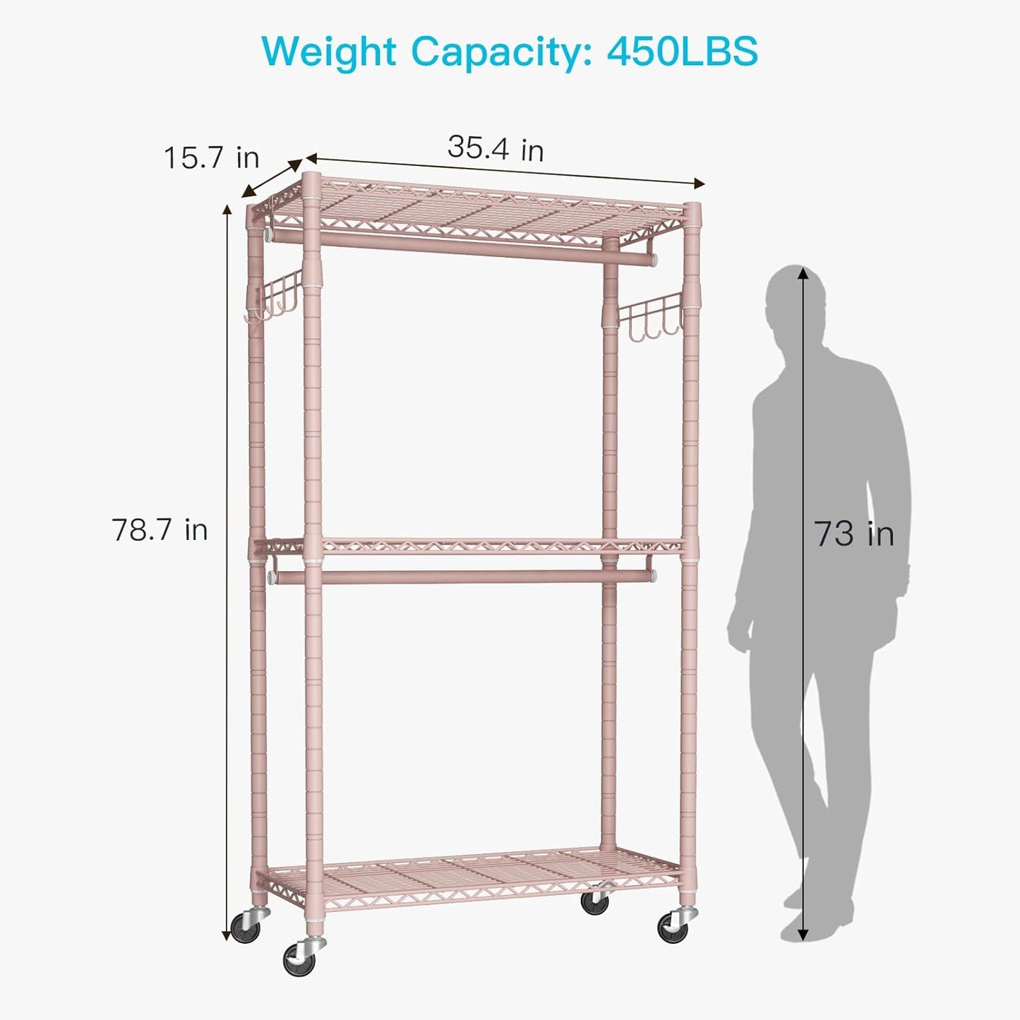 P1 Heavy Duty Garment Rack, 3 Tiers Adjustable Rolling Metal Closet Organizer with Lockable Wheels, FreeStanding Wardrobe with Double Hanger Rods & 1 Pair Hooks, Max Load 450 LBS, Pink