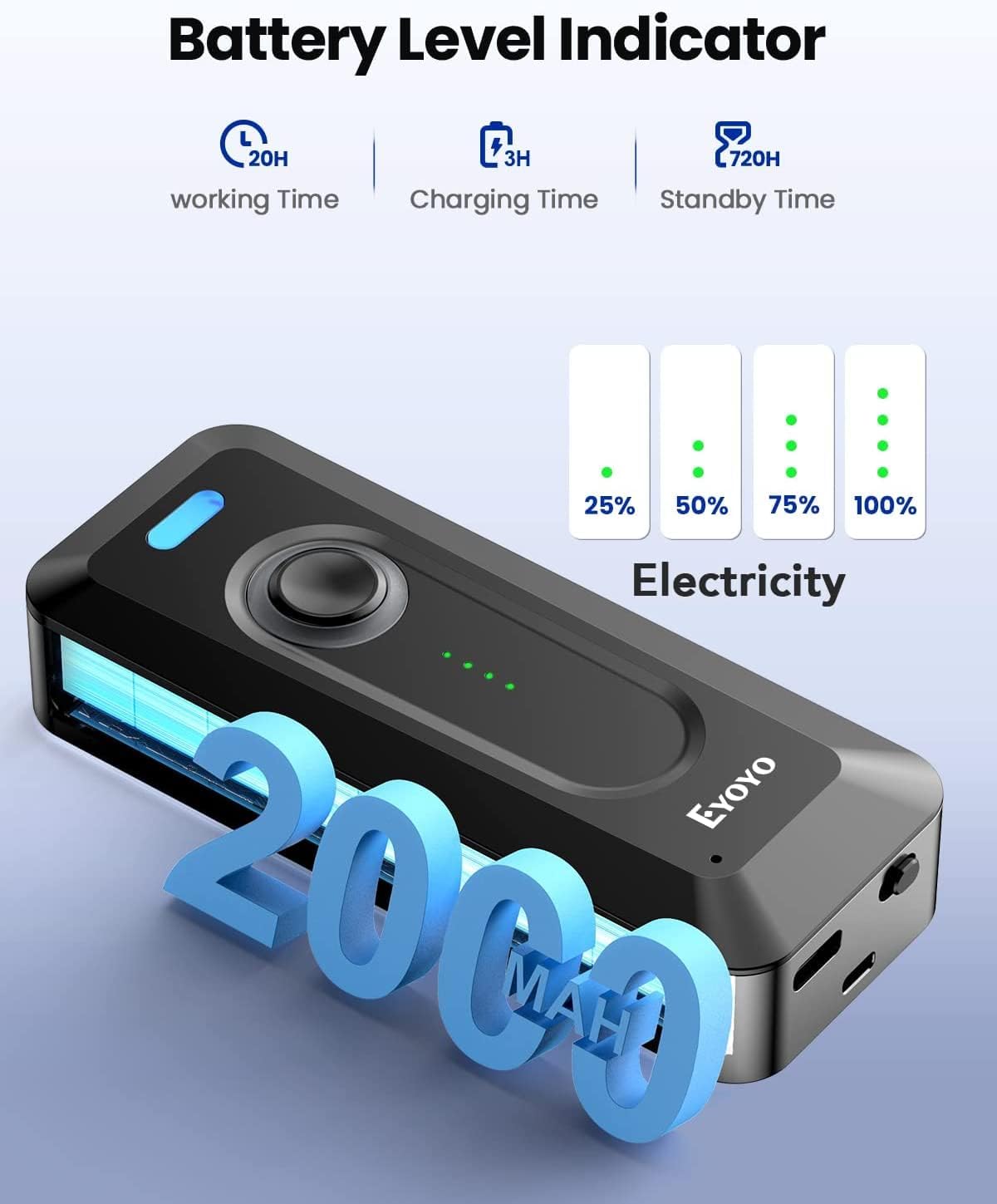 Eyoyo 2D Bluetooth Barcode Scanner Wireless with Clip, 2000mAh Battery with Level Indicator, Portable Mini QR Bar Code Reader for Library Book Inventory Compatible with iPhone, iPad, Android Phone