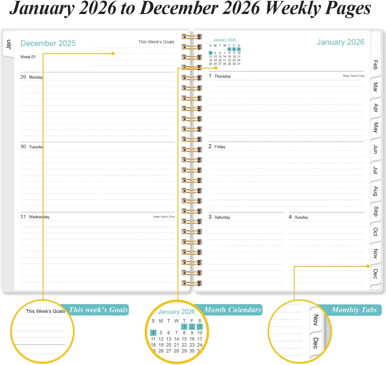 2026 Planner - Planner 2026 from January 2026 - December 2026, Weekly & Monthly Planner Spiral Bound with 12 Monthly Tabs, Inner Pocket, 6.4" x 8.5", Blue Watercolor