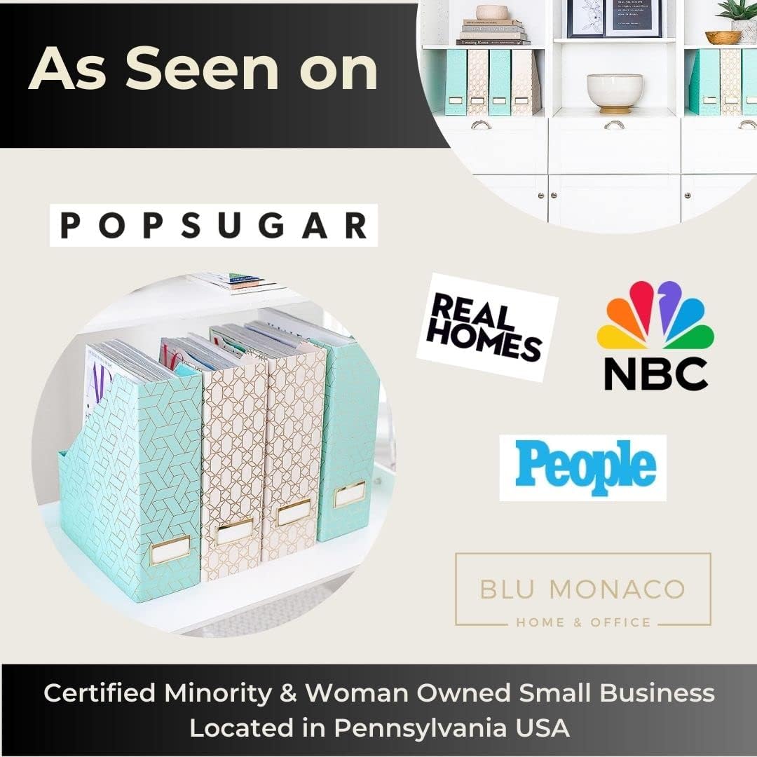 BLU MONACO Set of 4 Foldable Cute Magazine File Holders with Gold Label Holders – 2 Pink & 2 Aqua with Fun Gold Geometric Patterns – Stylish & Durable Magazine Storage for Home & Office
