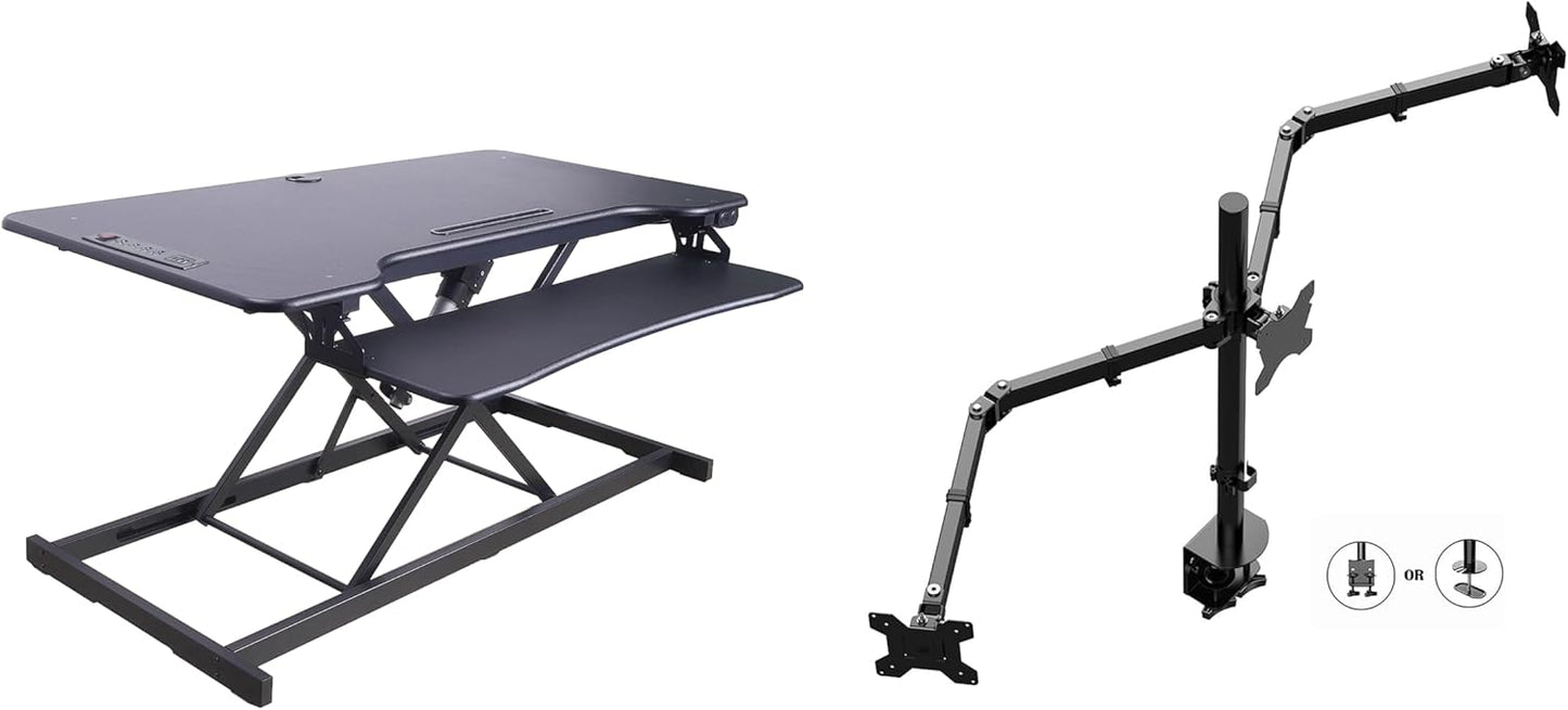 Rocelco 46" Electric Standing Desk Converter with AC Outlet USB Charger and Triple Monitor Arm Mount - Motorized Adjustable Sit Stand Riser - Tabletop Workstation Keyboard Tray - Black (R EDRB-46-DM3)