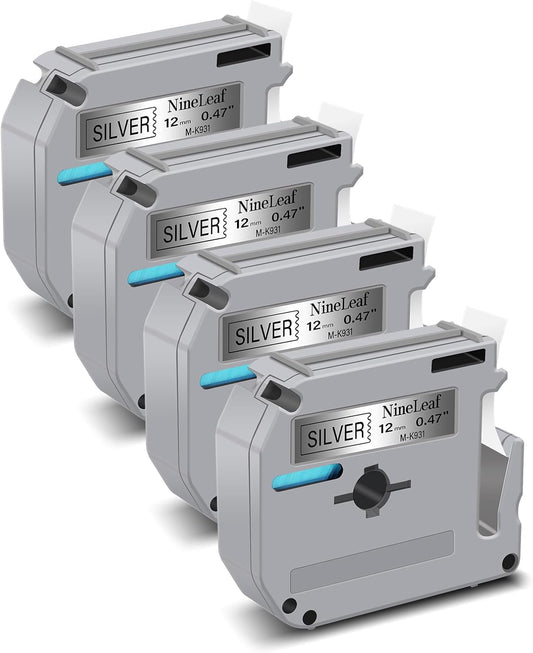 NineLeaf 4 Pack Compatible for Brother Ptouch M Tape M-931S MK931 M-K931 M931 M-931 M-K931S Tape 12mm 0.47 Silver Label Tape for PT-70BM PT-M95 PT-90 PT-70 PT-85 Label Maker Refills