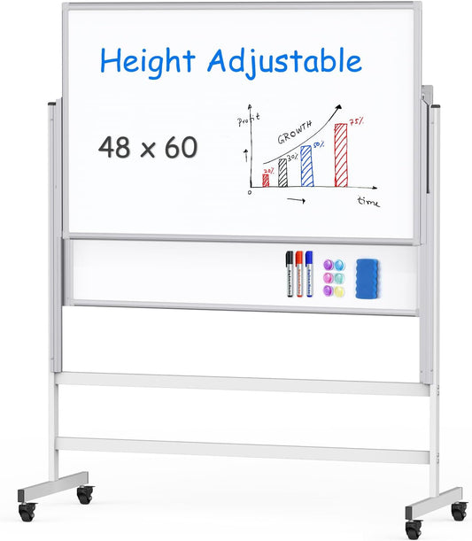 maxtek Dry Erase Whiteboard Height Adjustable, Easel Stand Rolling White Board on Wheels - 48 x 60 Large Mobile Dry Erase Board, 4' x 5' Double Sided Magnetic Whiteboard for School Office Home