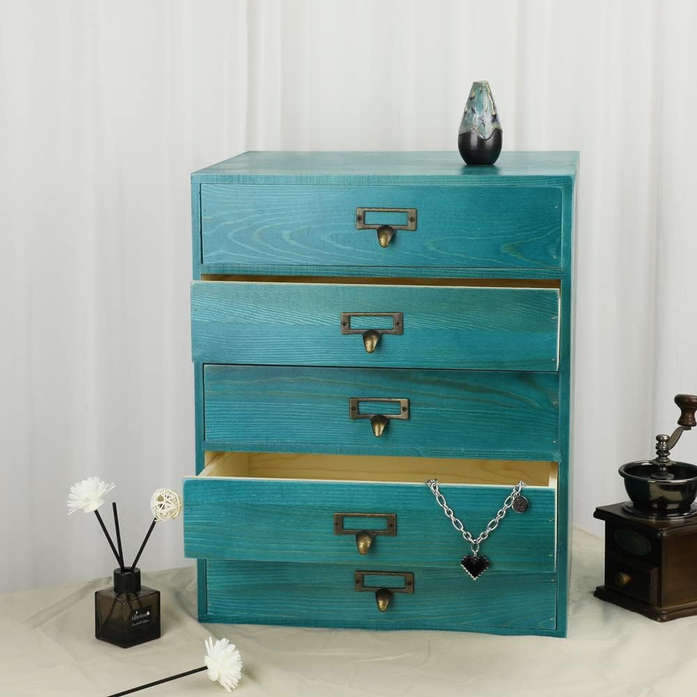 Large Wooden Drawers Rustic Desk Organizers and Accessories Wooden Storage Dox with Drawer Paper Storage Drawers Wood File Organizer Library Card Catalog Cabinet Apothecary Cabinet (L-BLUE)