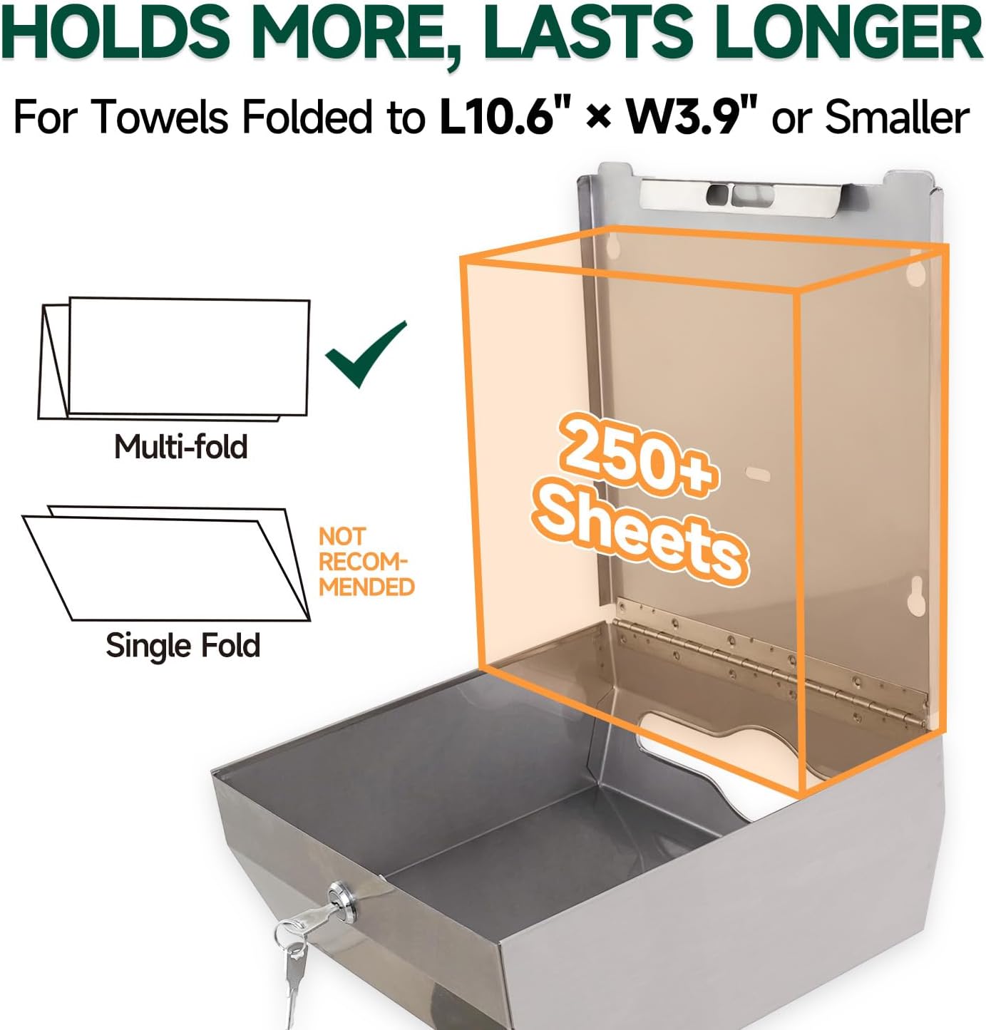 Wall Mount Paper Towel Dispenser 250-Sheet Capacity Brushed Stainless Steel Lockable Fits Multifold/Z-Fold Towels (Folded Size ≤ 10.6" x 3.9")