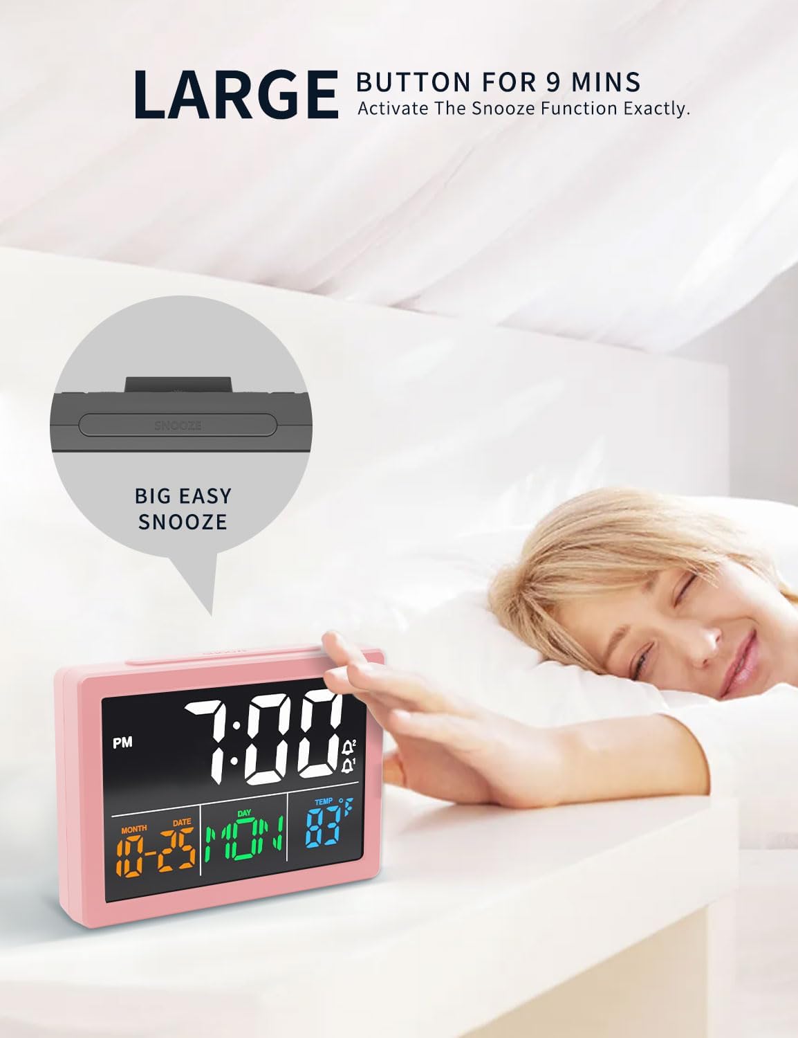 Digital Alarm Clock, with 5.5" Large LED Time Display, Adjustable Alarm Volume, 6 Level Brightness, Alarm Settings, USB Charger, Temperature Detect, Snooze, Clocks for Bedroom, Bedside, Desk, Pink