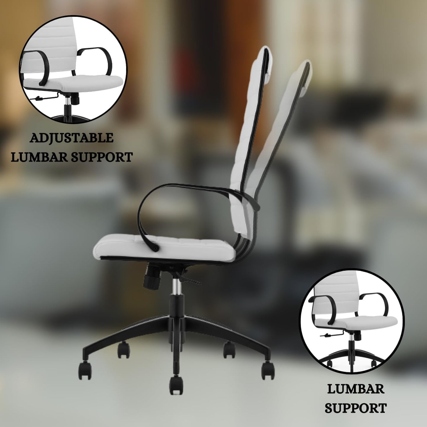 Ribbed High Back Conference Room Chairs - Lumbar Support, Modern Executive Home Office Chair - White Leather Seat & Black Aluminum Frame