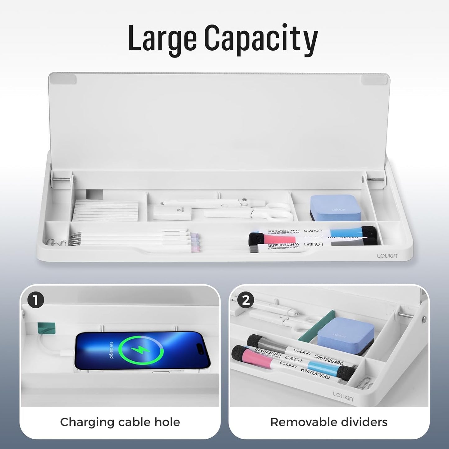 LOUKIN Glass Desktop Whiteboard, 15.3" x 5.6" Dry Erase Desk Board with Dotted and Graduated Surface, Desktop Buddy, Great for Design and Drawing, 3 Markers and 1 Dry Erase Eraser Included (White)