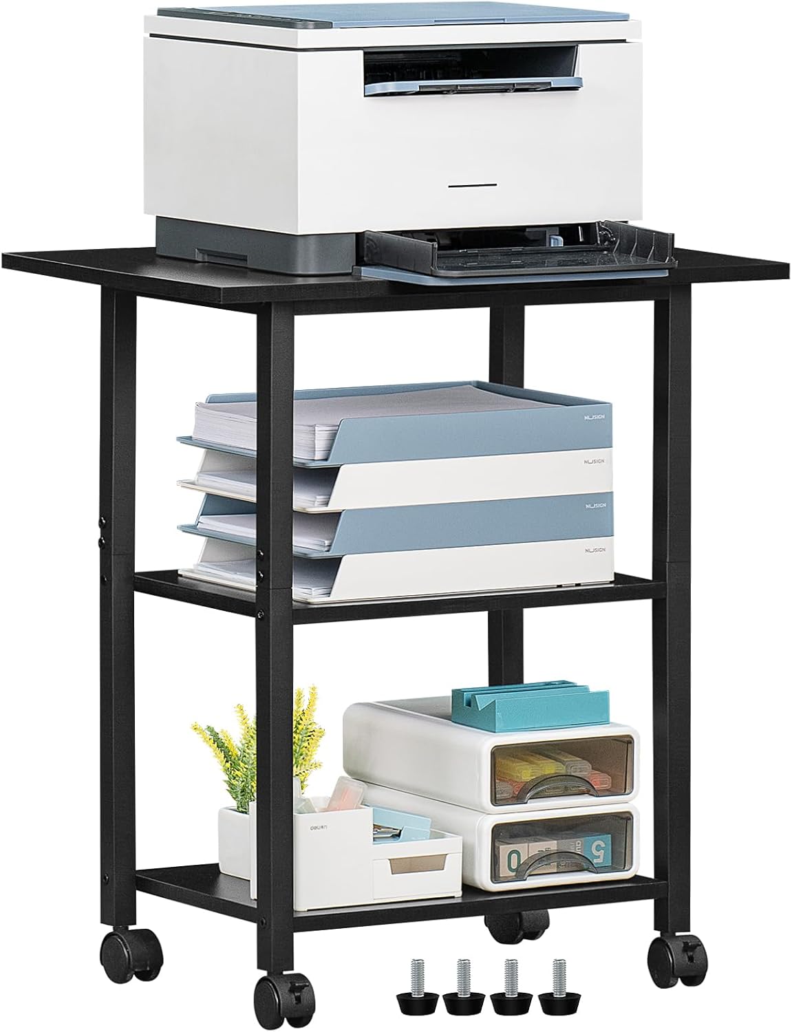 Lerliuo 3-Tier Printer Stand, Industrial Mobile Printer Table with Storage Shelf and Steel Frame, Rolling Printer Cart Holder with Lockable Wheels for Home, Office (Black)